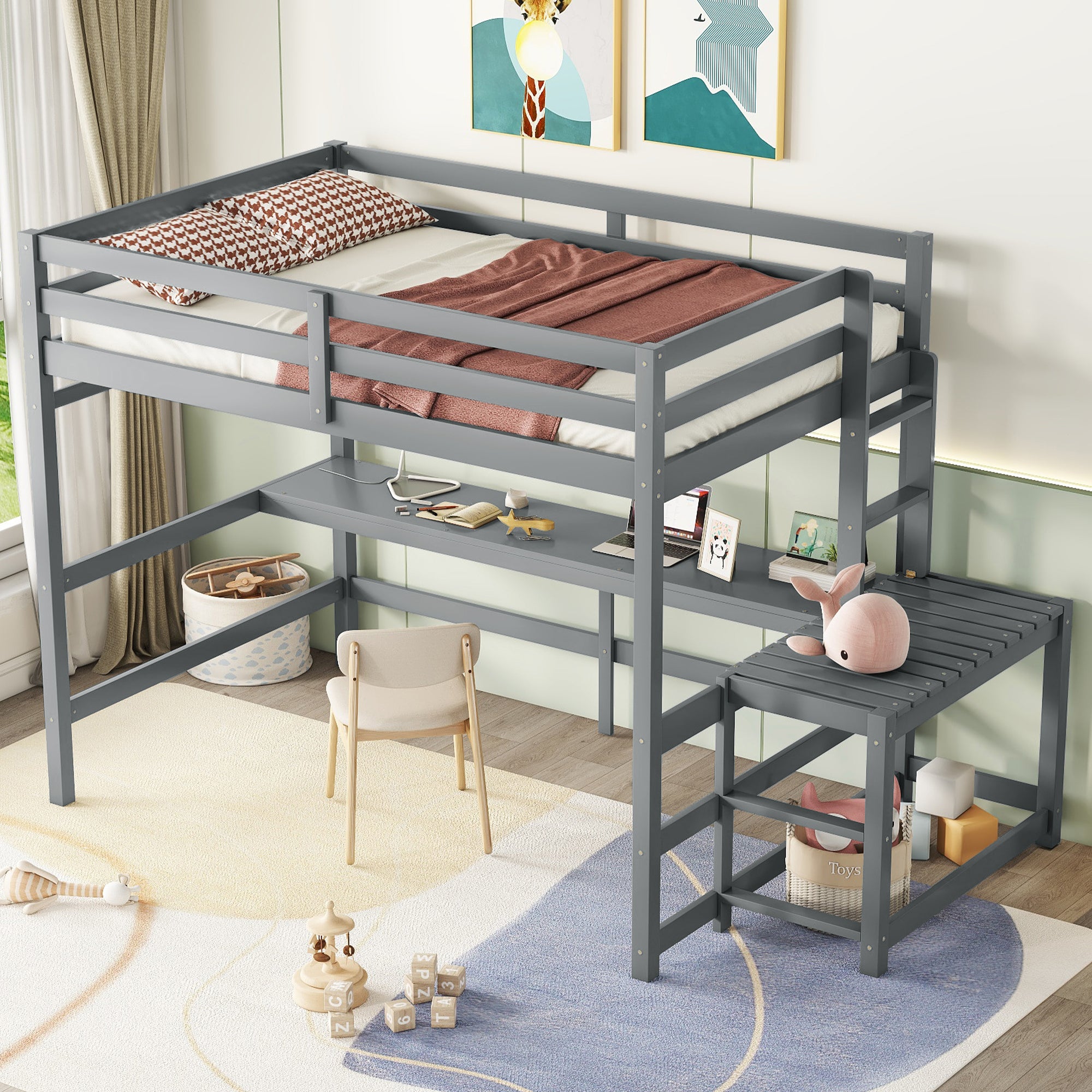 Gray Full Size High Loft Bed with Built-in Desk, Ladder Platform, and Guardrails