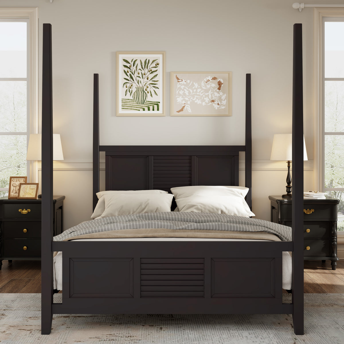 Classic Queen Four Poster Bed with Horizontal Grille in Espresso Finish