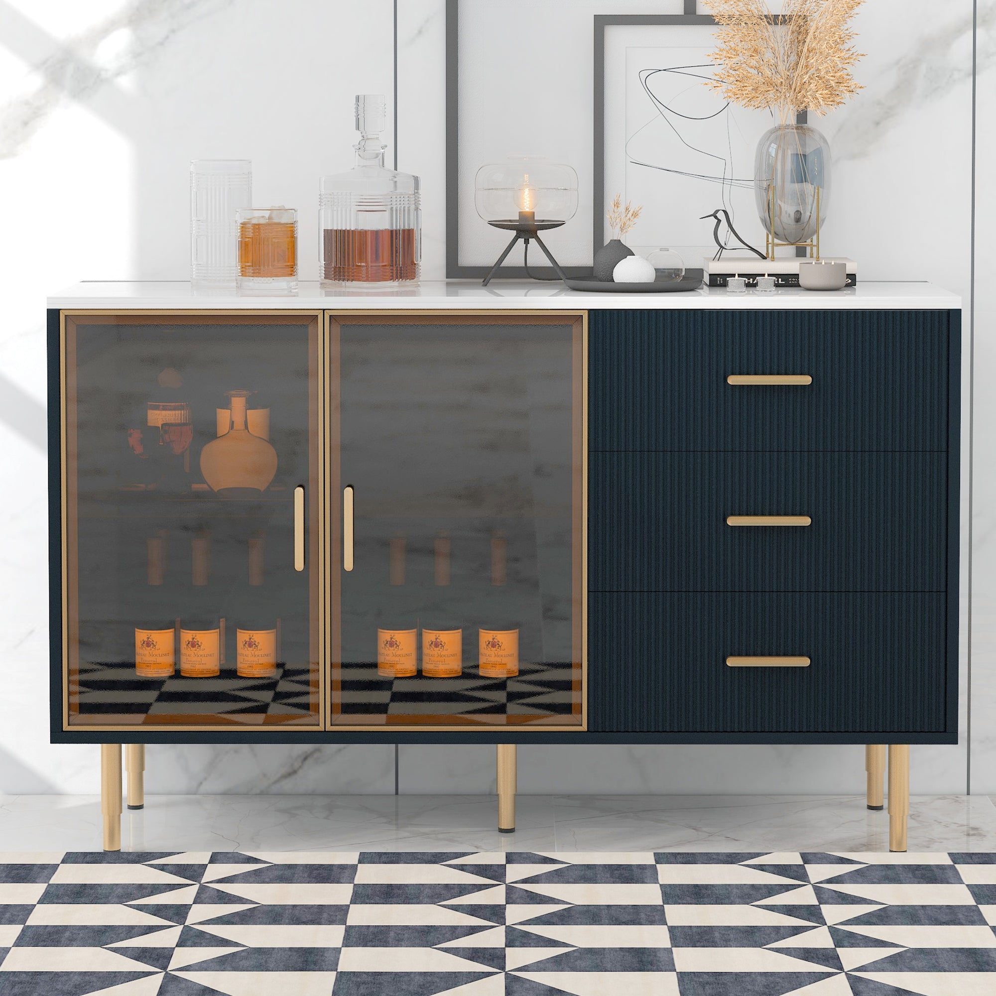 Modern MDF Buffet Cabinet with Marble Top and Amber-yellow Tempered Glass Doors In Navy Blue