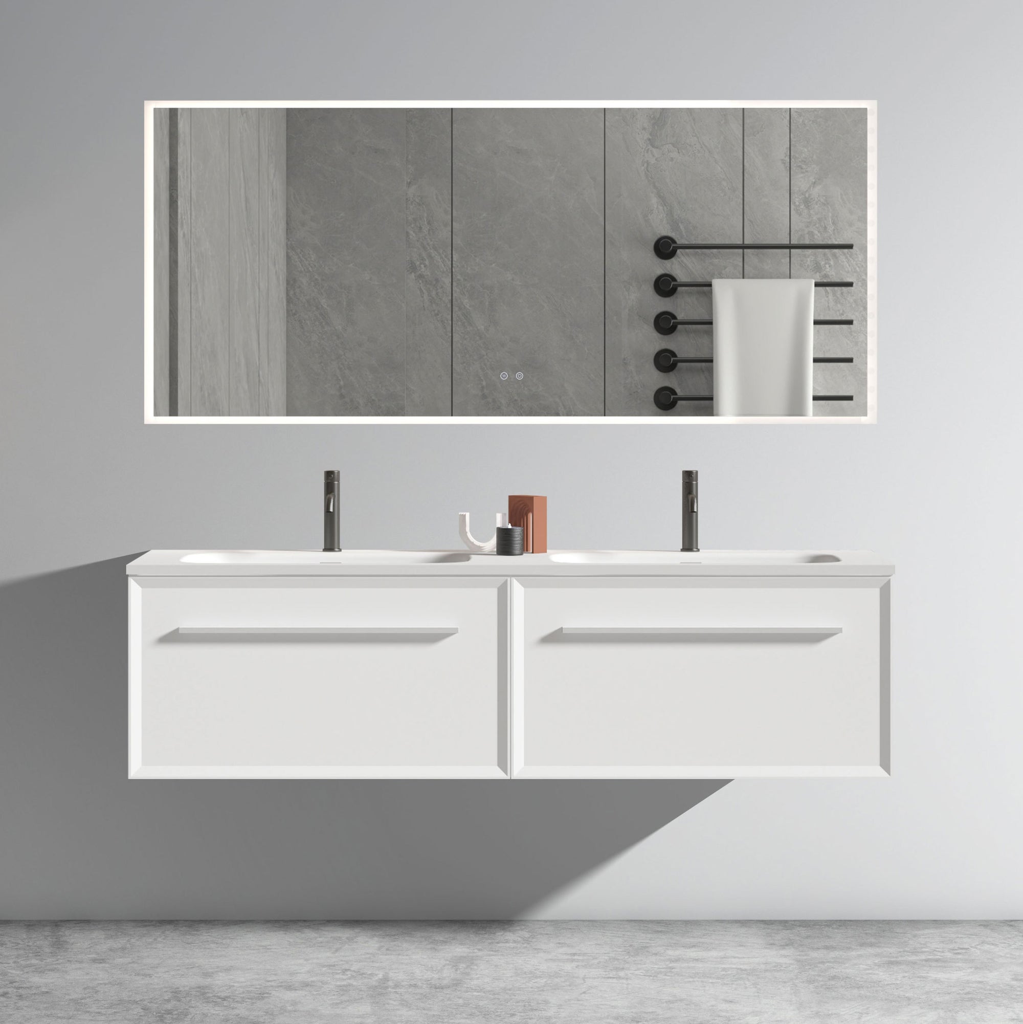 60 Inch Matt Snow White Bathroom Vanity with LED Drawer Light and Integrated Sink In Matt Snow White