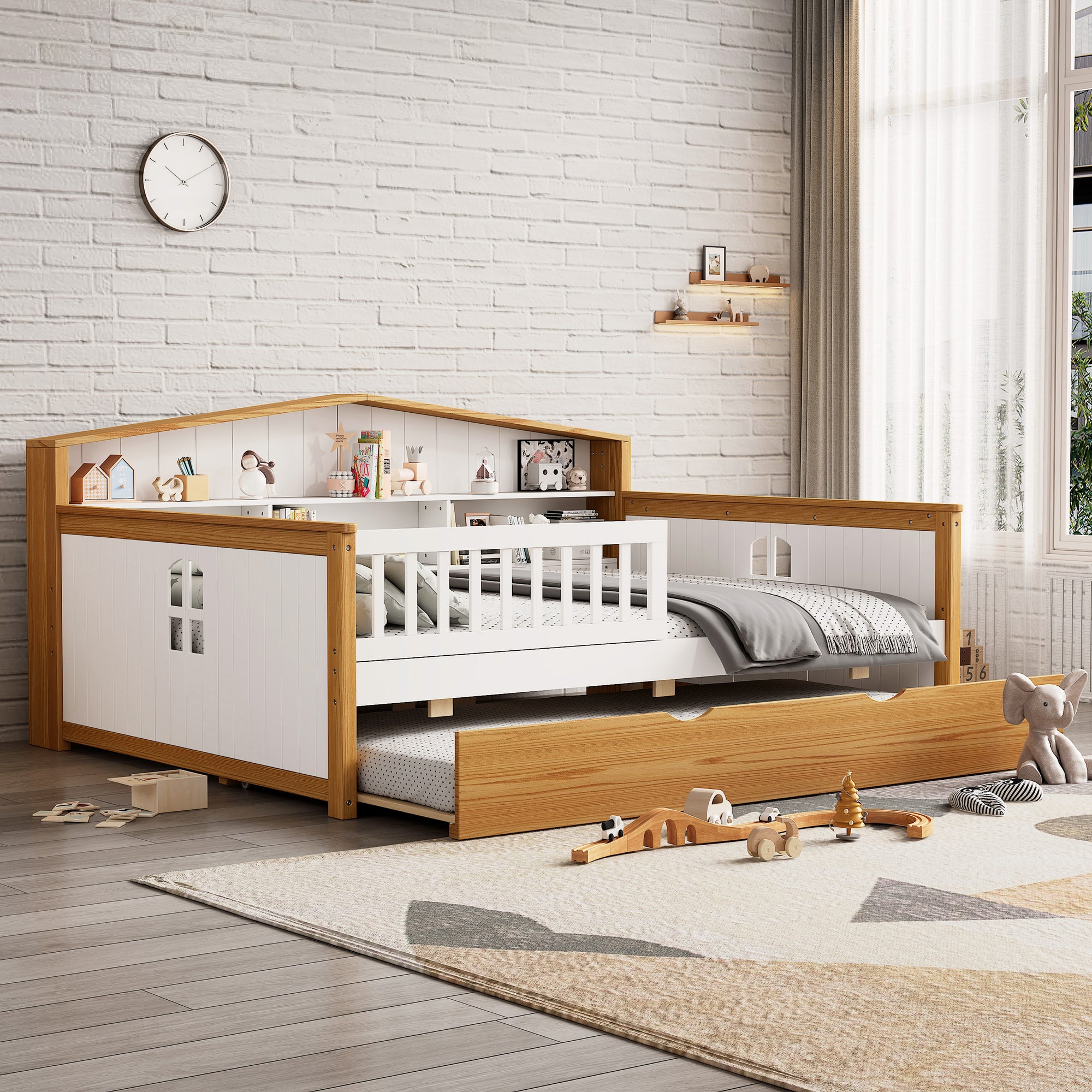 Full Size Safety Bed Frame with Trundle and Integrated Bookcase Headboard