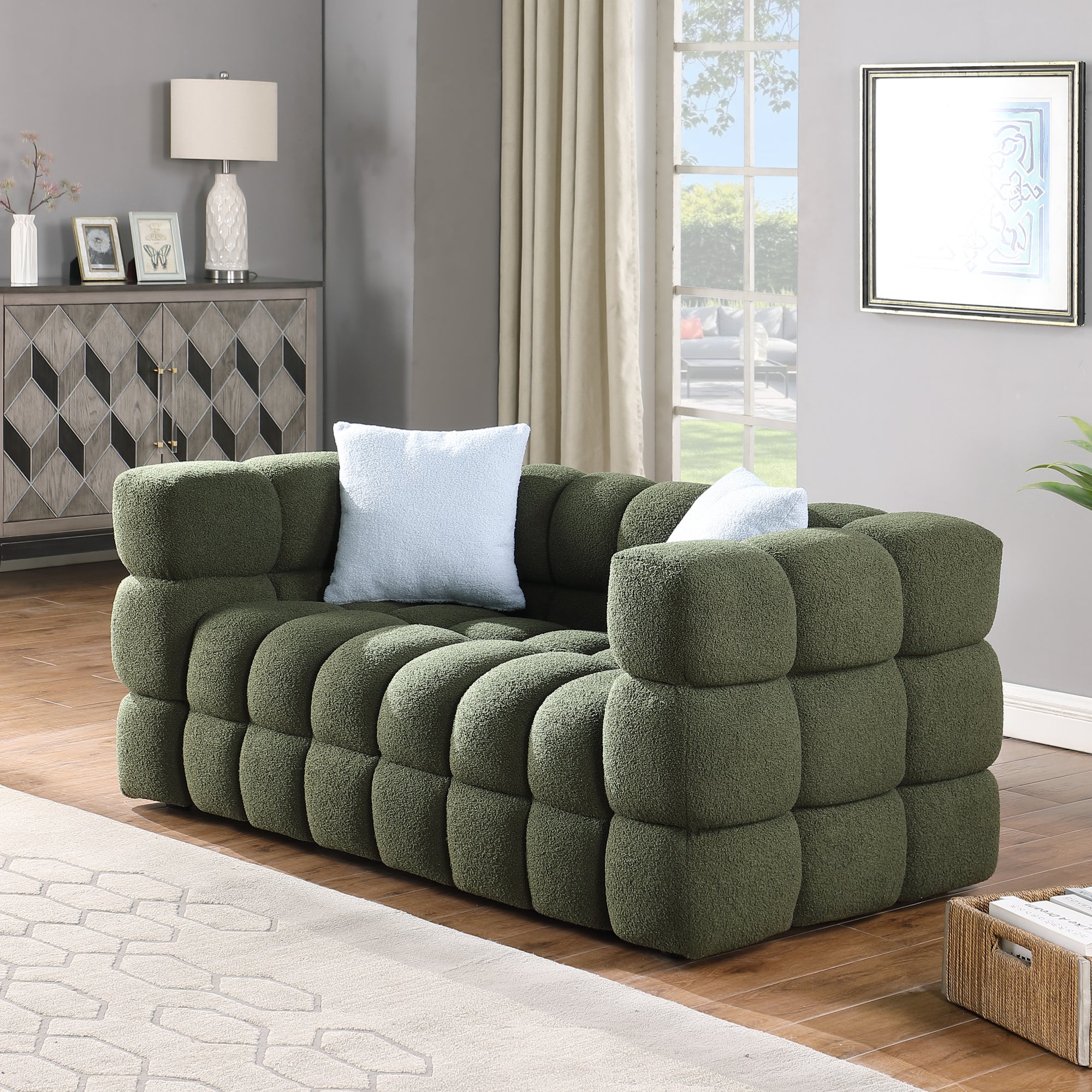 Olive Green Boucle 5-Seater Marshmallow Loveseat Sofa