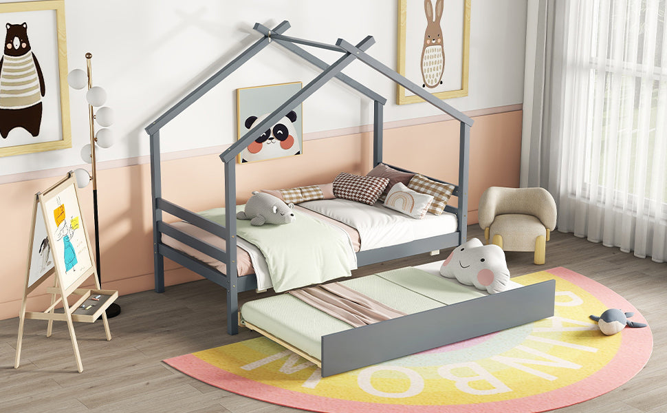 Gray Twin House-Shaped Bed with Pull-Out Trundle