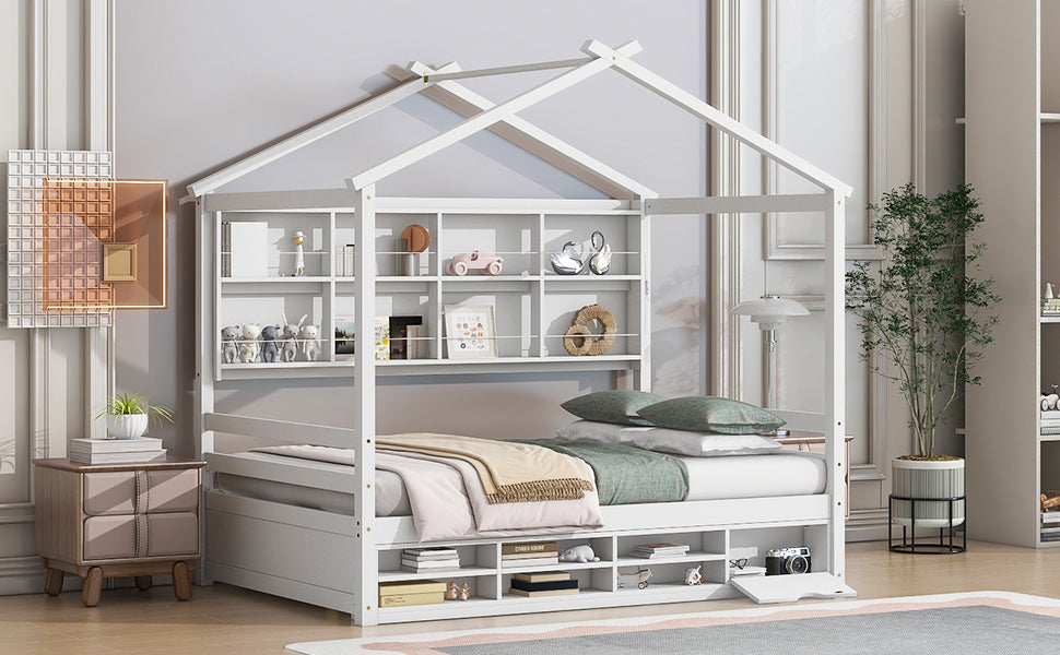 Full Sized Bed with Roof Frame, Bedside Shelves, and Under-Bed Storage Unit