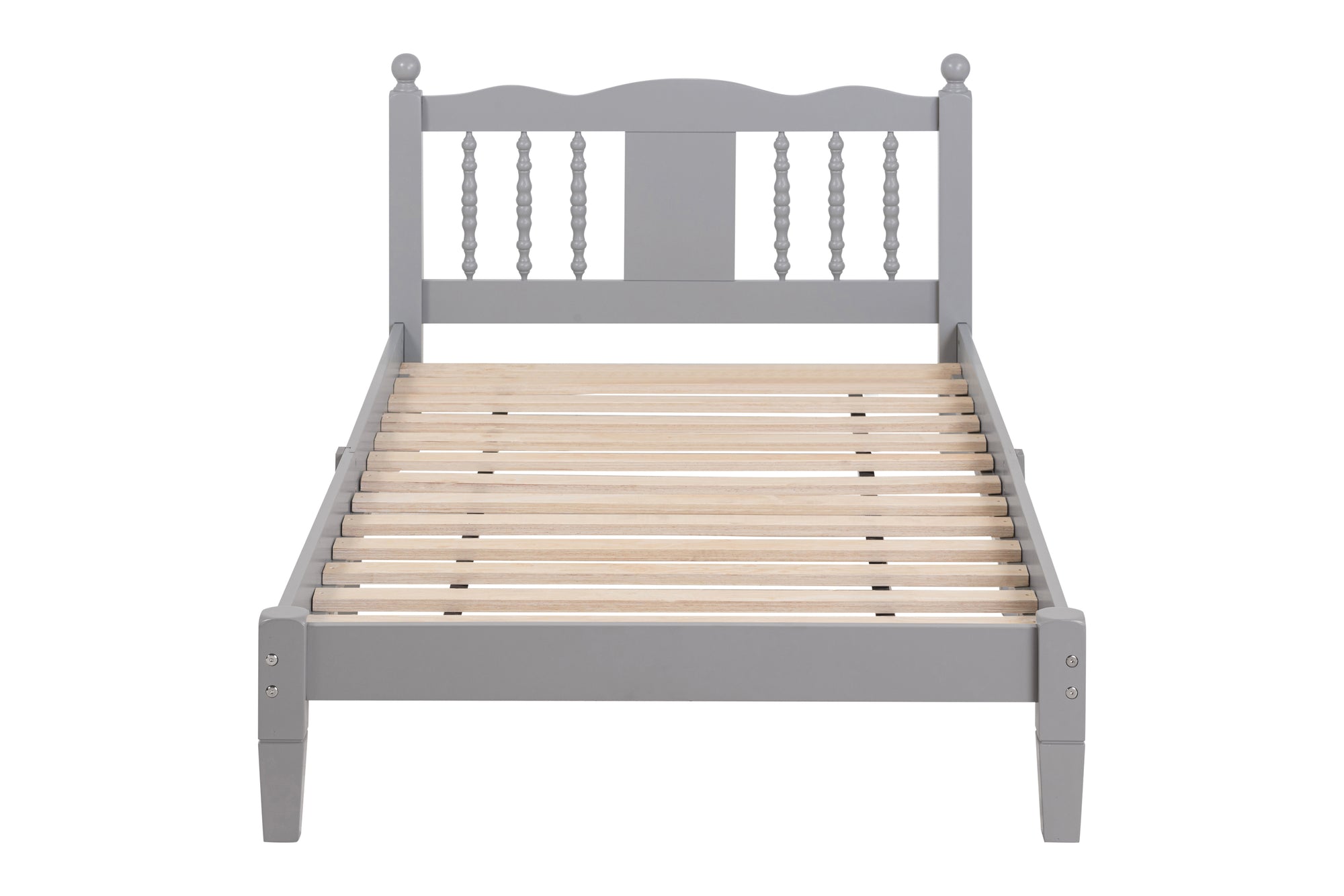 Gray Twin Bed with Column-Decorative Headboard