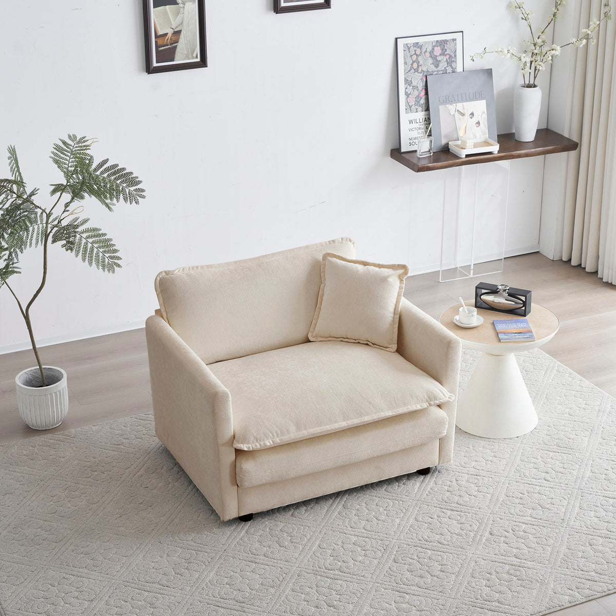 Comfy Beige Chenille Upholstered Deep Single Seat Sofa Armchair with Toss Pillow