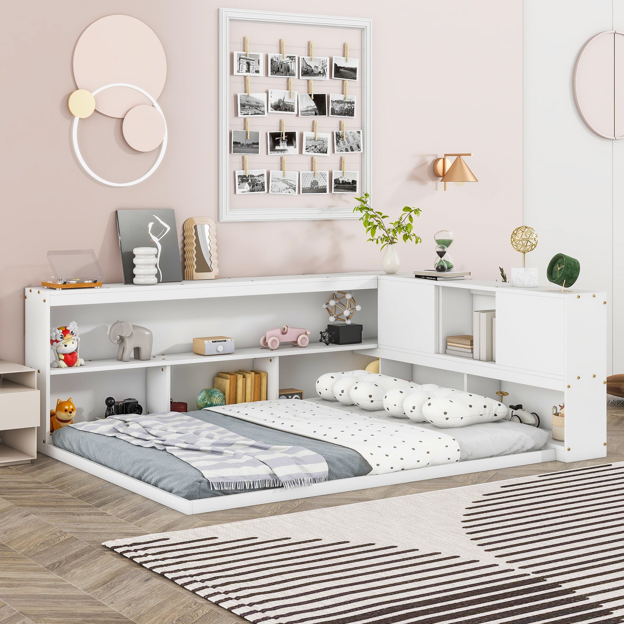 White Full Floor Bed with L-Shaped Bookcases and Sliding Door Storage