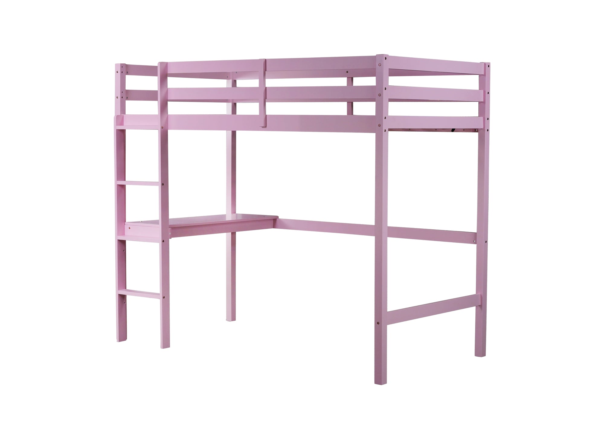 Pink Twin High Loft Bed with Built-in Desk, Rubber Wood Frame, and Safety Guardrail