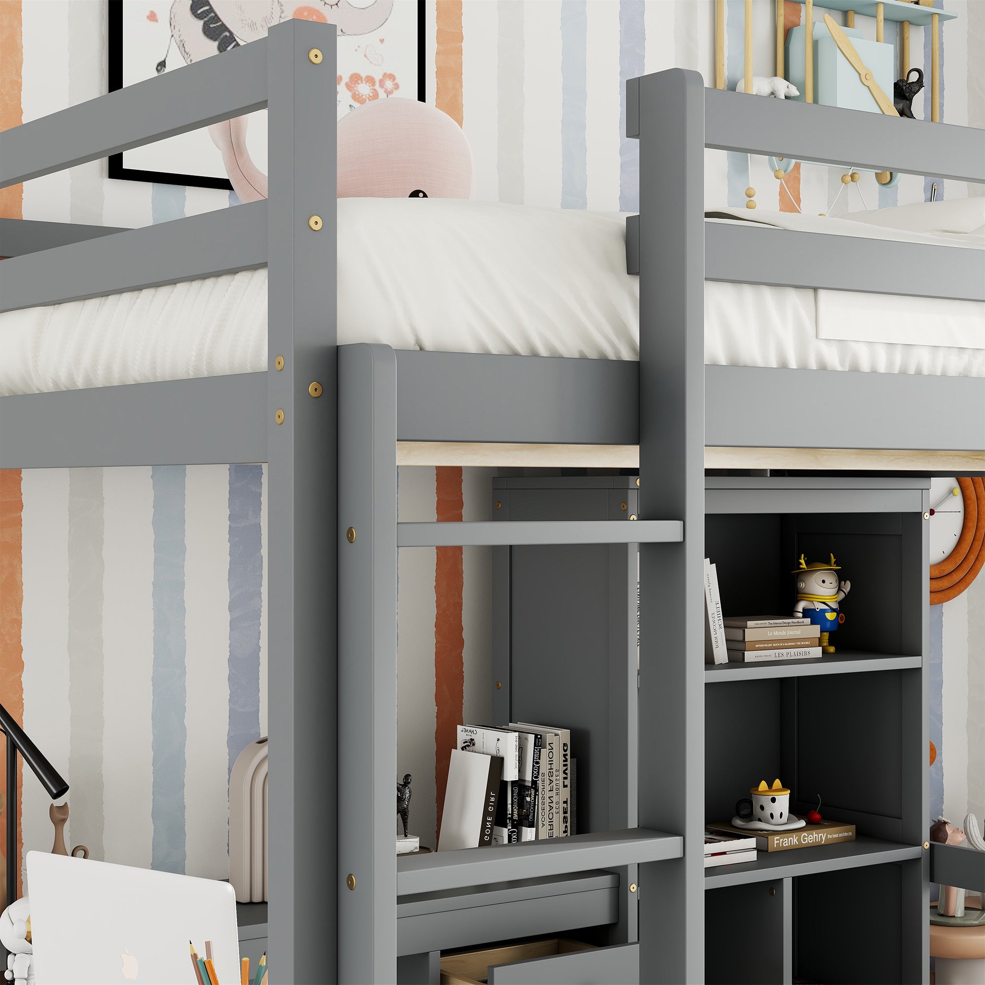 Gray Full Size High Loft Bed with Desk, Storage Shelves, and Drawers