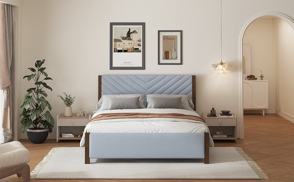 Modern Mid-Century Queen Upholstered Platform Bed with Chevron Headboard in Gray