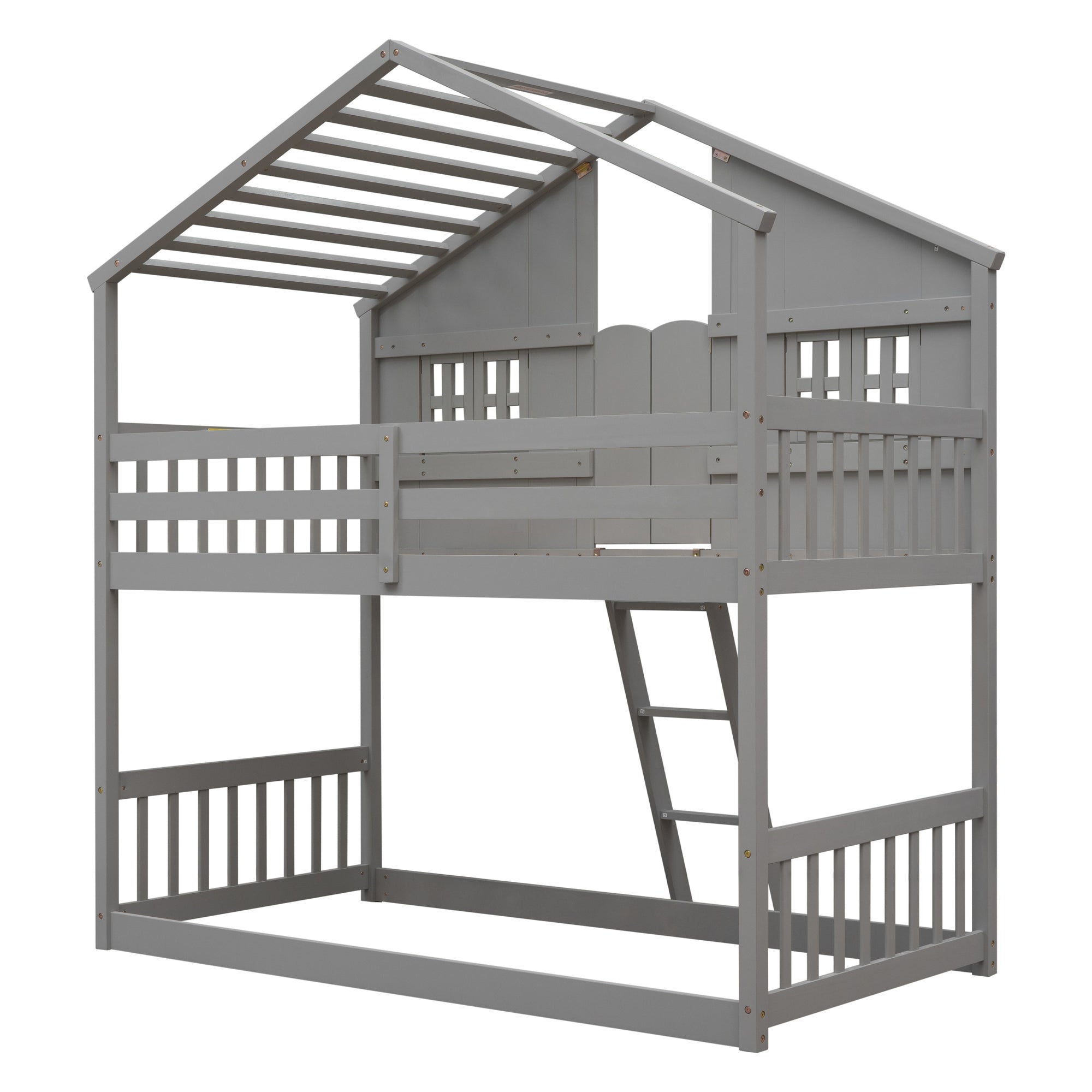 Gray Twin Over Twin House Bunk Bed with Roof, Windows, and Door