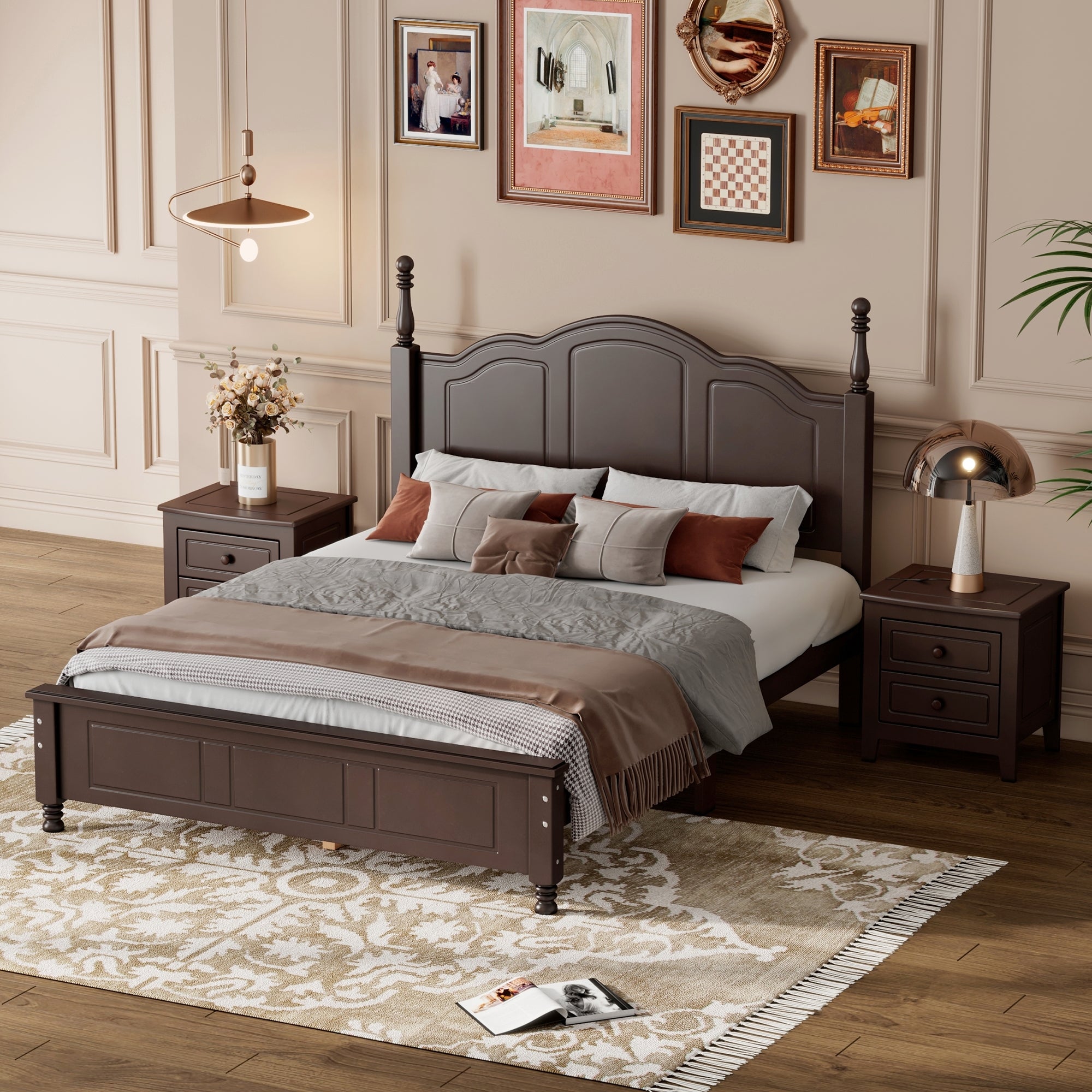 3-Pieces Bedroom Sets Full Size Wood Platform Bed with Two Nightstands In Dark Walnut