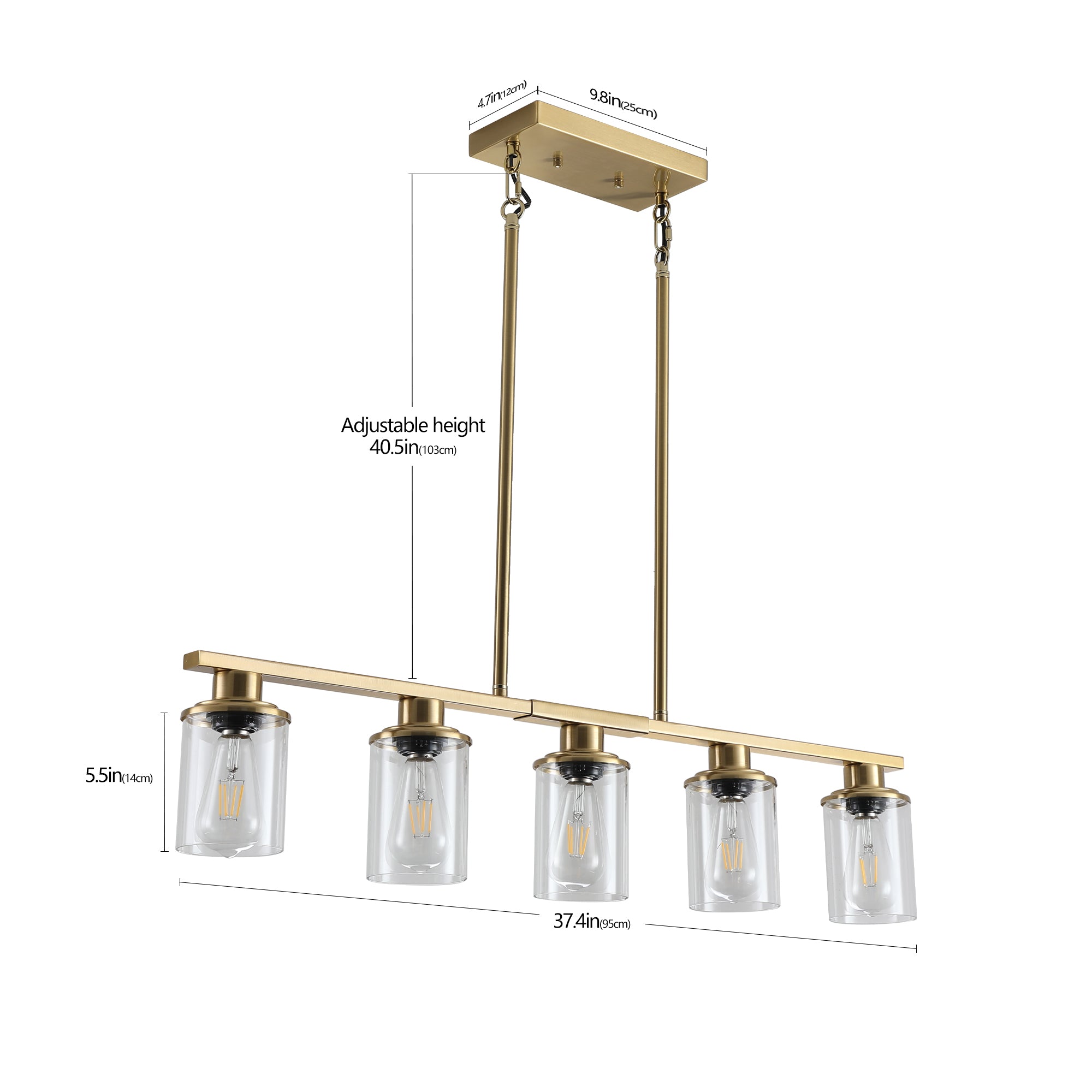 Modern Industrial 5-Light Golden Pendant Light with Adjustable Height and Glass Shades