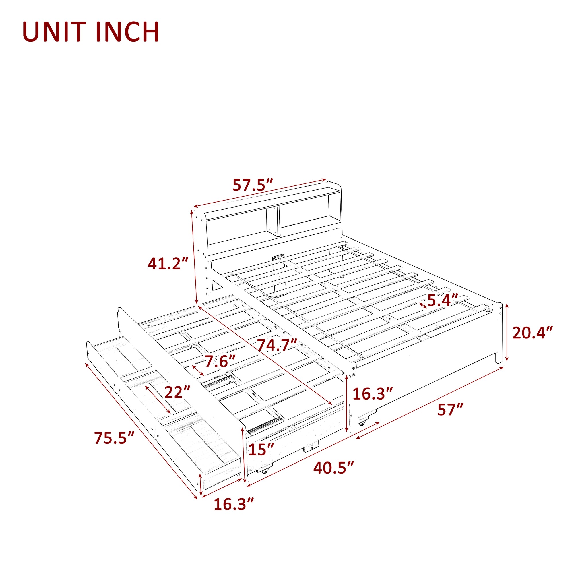 White Full Bed with Bookcase, Twin Trundle, and Drawers