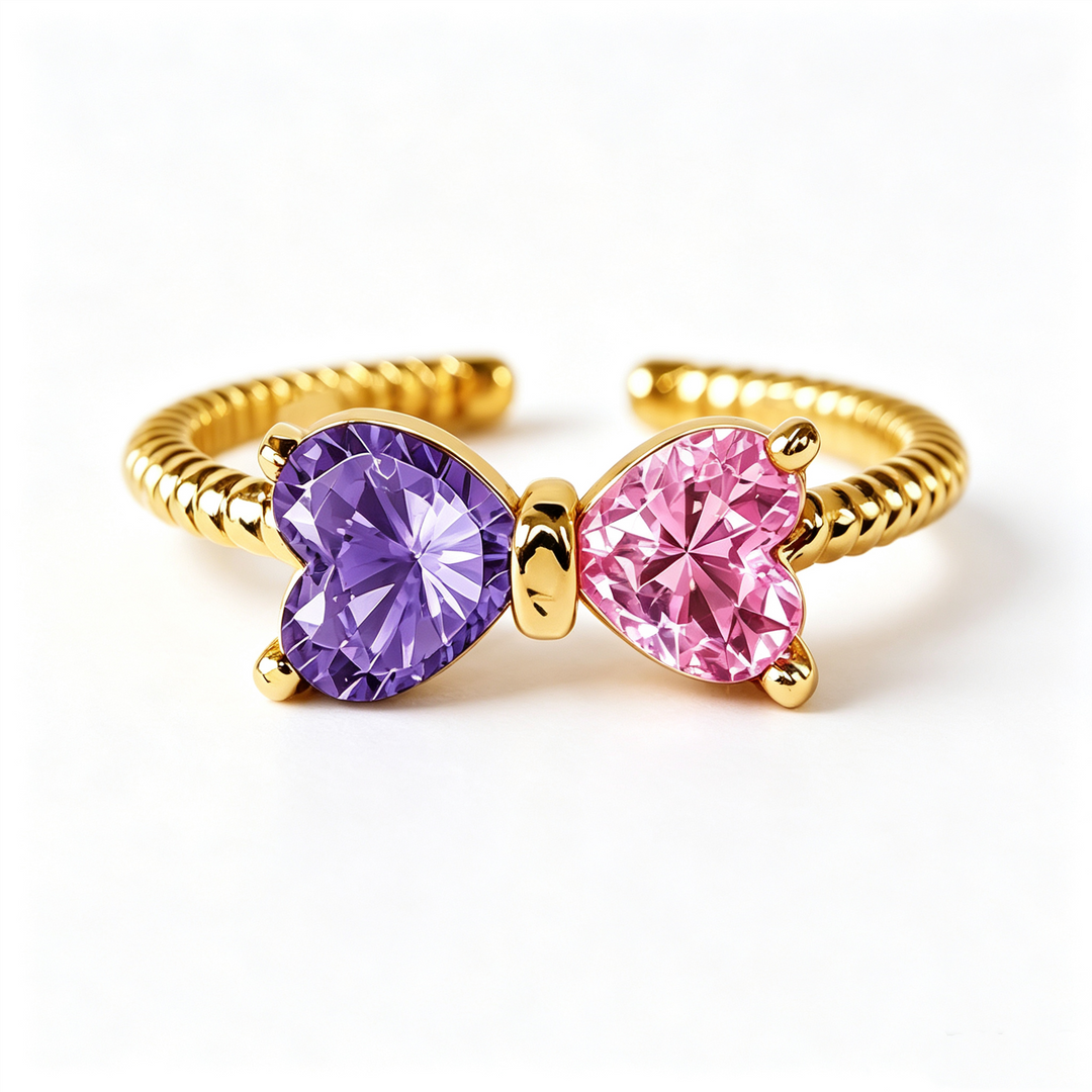Double Birthstones Ring With Bow & Twisted Rope Band In Gold