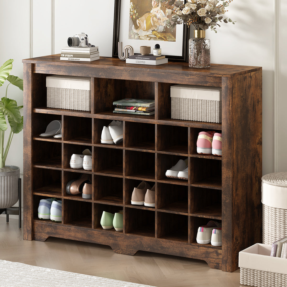 Sleek Design 24 Shoe Cubby Console Modern Shoe Cabinet with Curved Base Versatile Sideboard In Rustic Brown