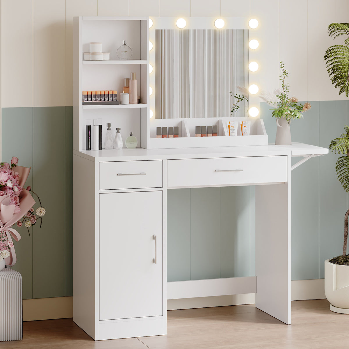 Vanity Desk with Drawers &amp; Mirror with Lights Lots Storage In White