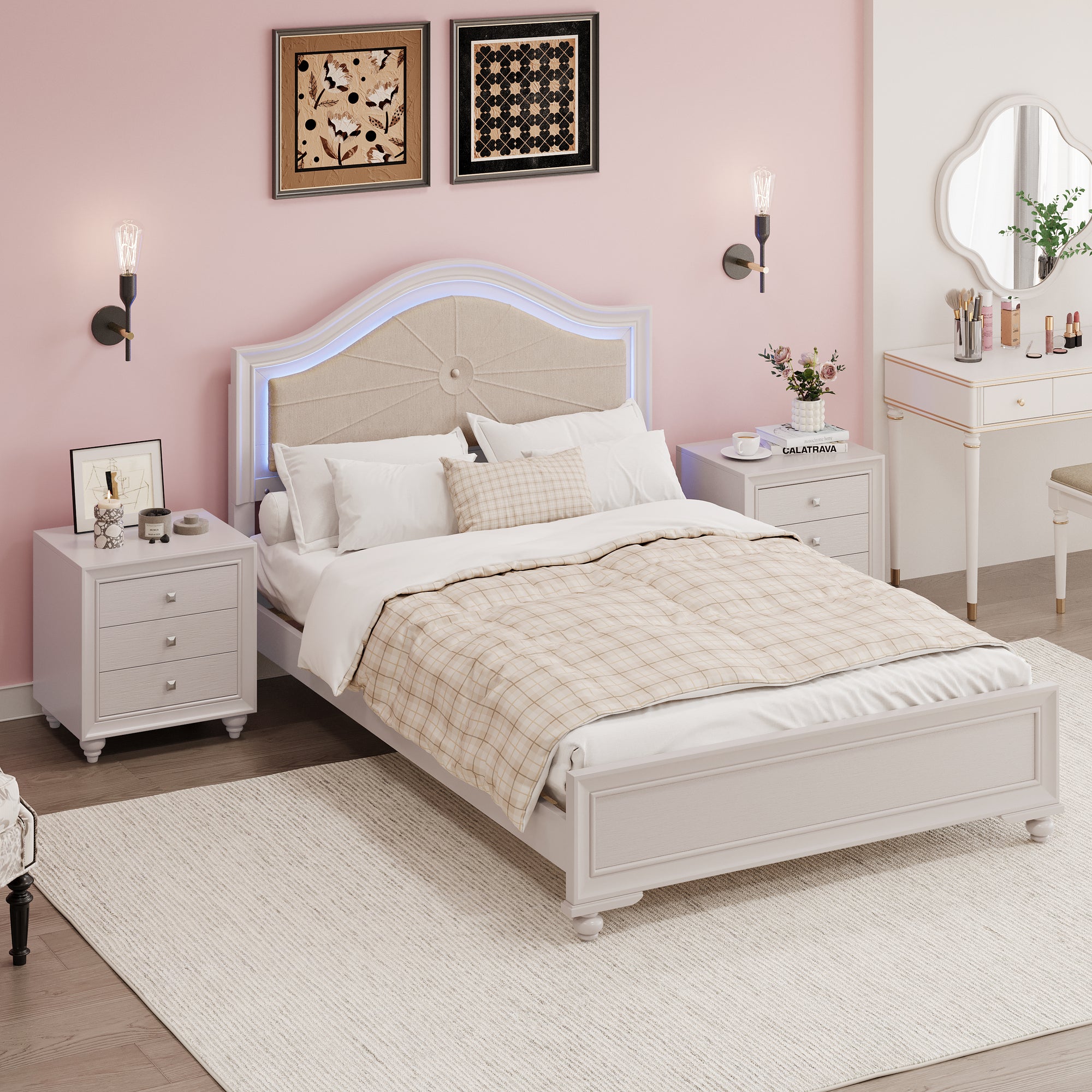 Cream Gray Queen 3-Piece Bedroom Set with Hidden LED Lighting