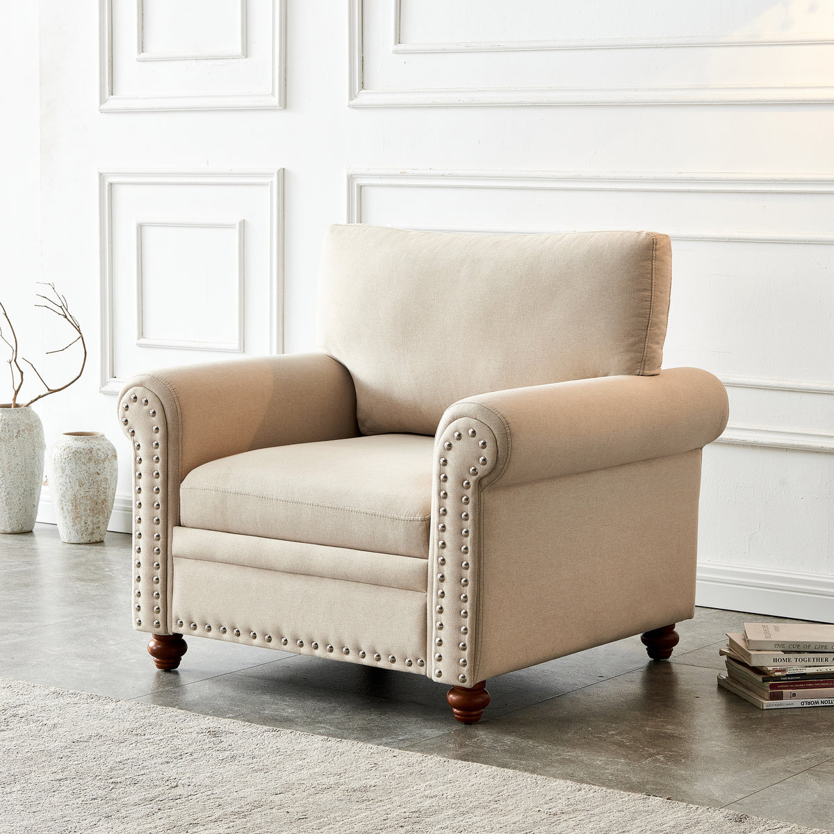 Beige Fabric Single Sofa Chair with Wooden Legs