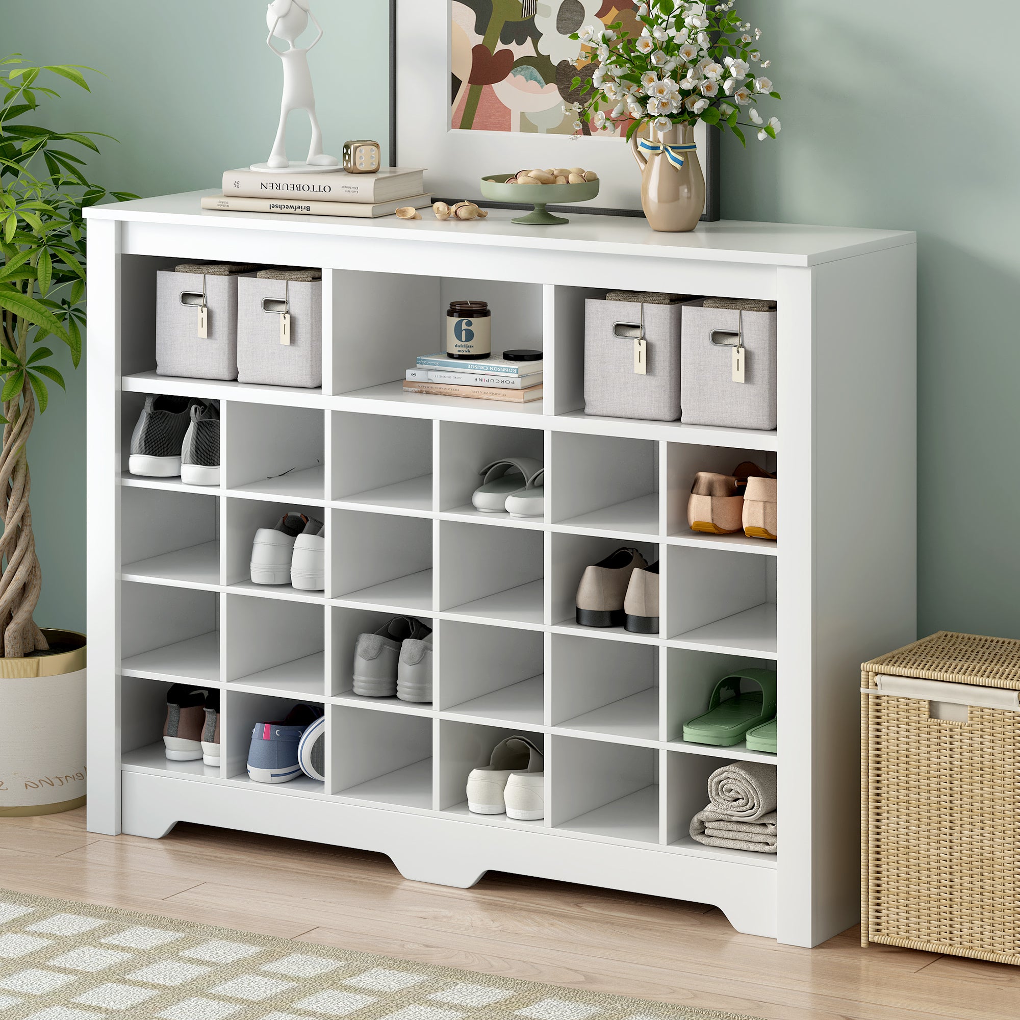 Sleek Design 24 Shoe Cubby Console Modern Shoe Cabinet with Curved Base Versatile Sideboard High-Quality In White