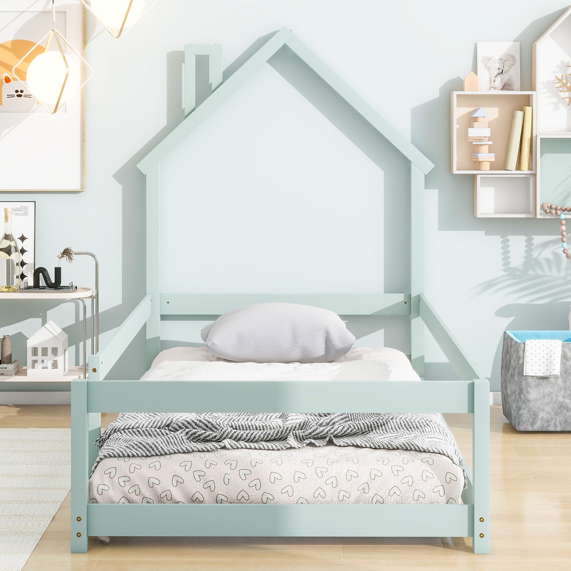 Light Green Twin Size Wood Toddler Floor Bed with House-Shaped Headboard & Guardrails