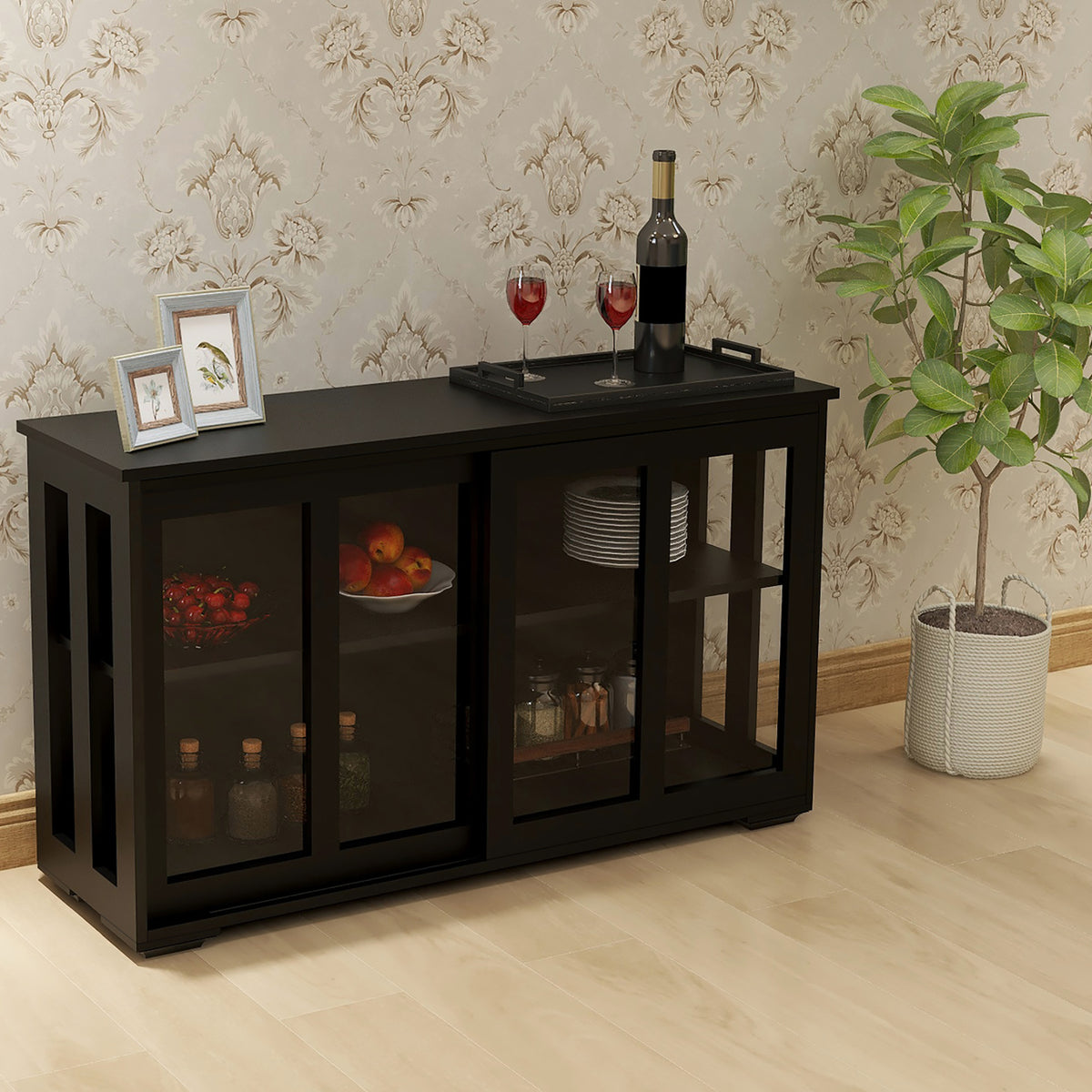 Kitchen Storage Stand Cupboard With Glass Door In Black