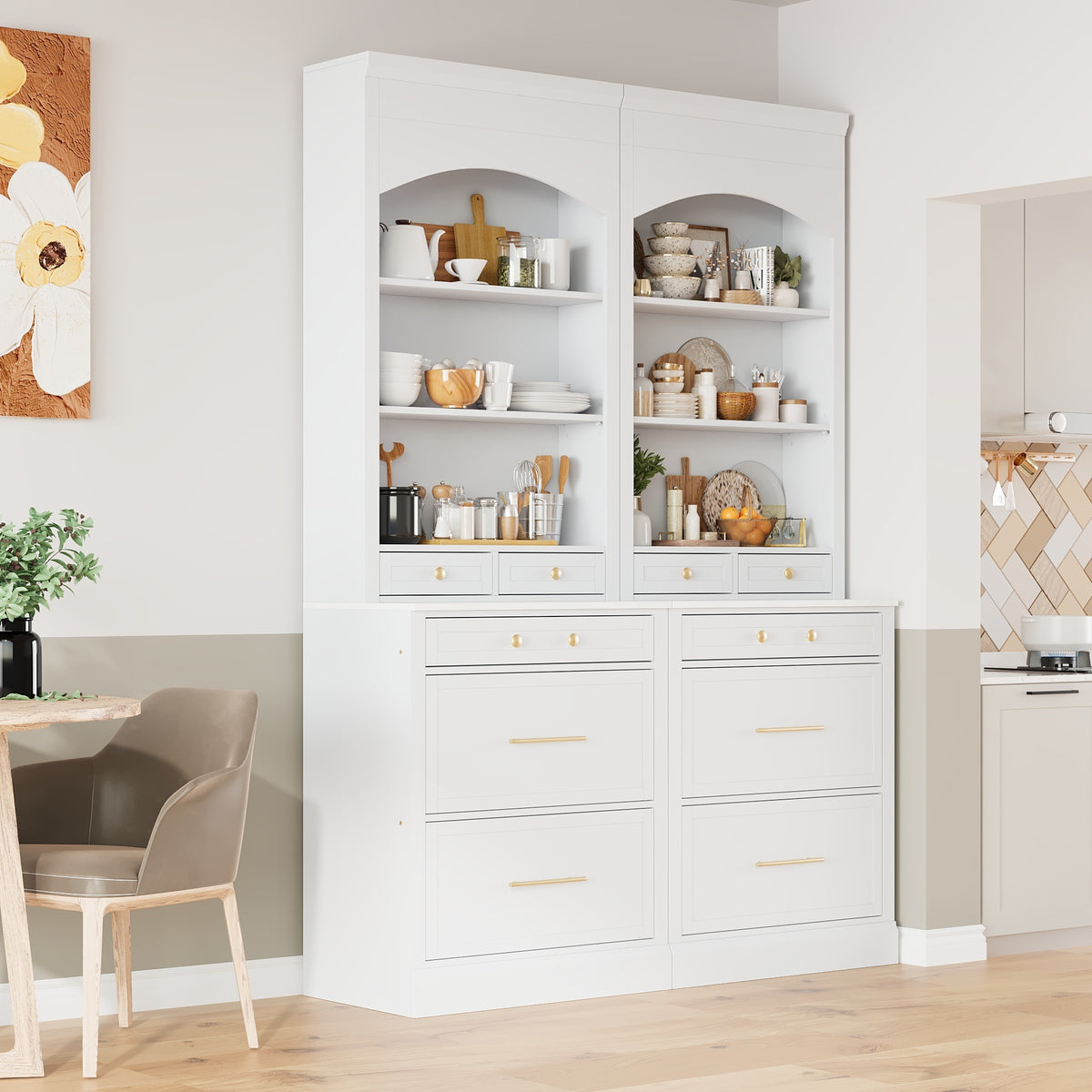 Modern 83.7 Inch High Kitchen Pantry with Faux Marble Top and 5 Storage Drawers Set of 2 Freestanding Cabinet In White