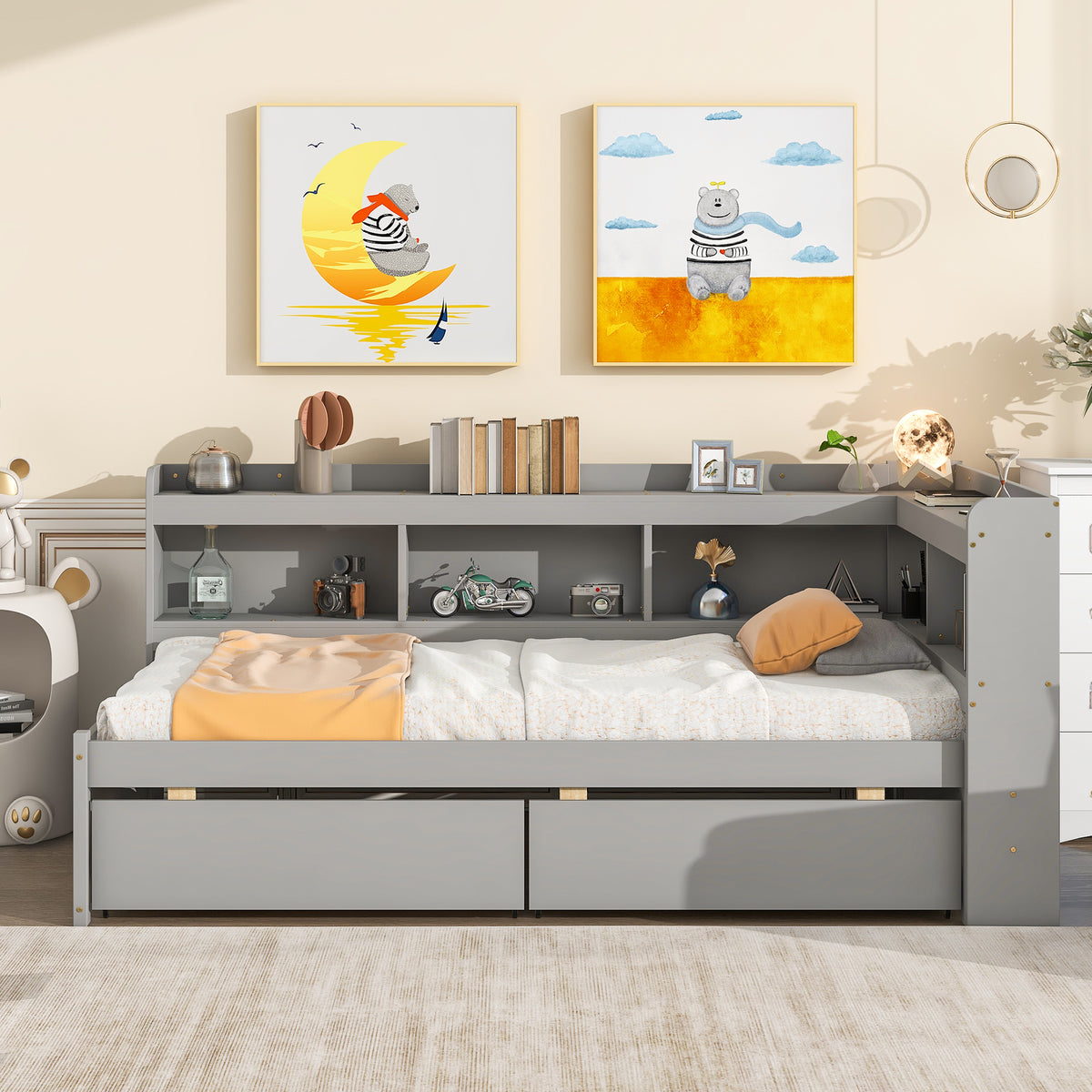 Twin Bed with L-Shaped Bookcases &amp; Storage Drawers in Gray