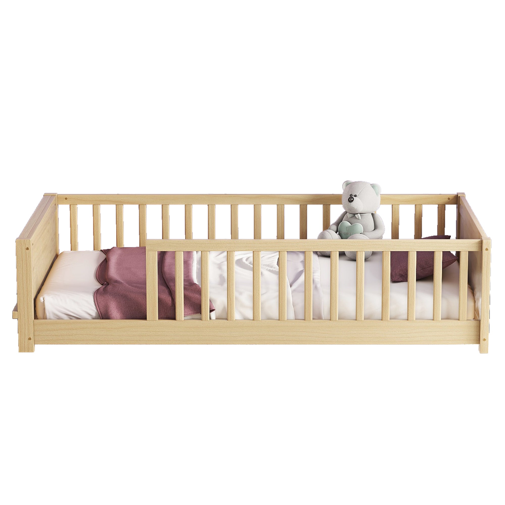 Natural Finish Twin Toddler Floor Bed with Built-in Book Storage Rack