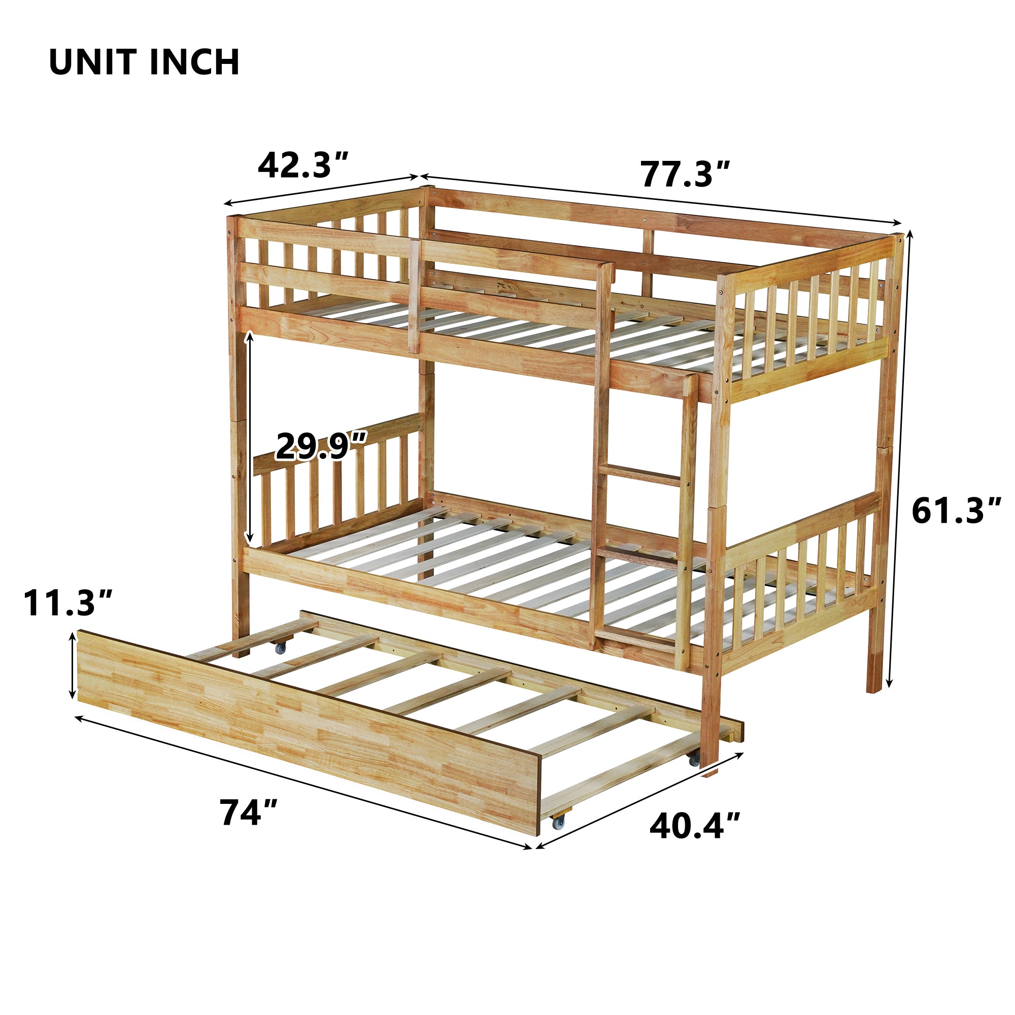 Twin Over Twin Rubberwood Bunk Bed with Trundle, Convertible Design in Natural Tones