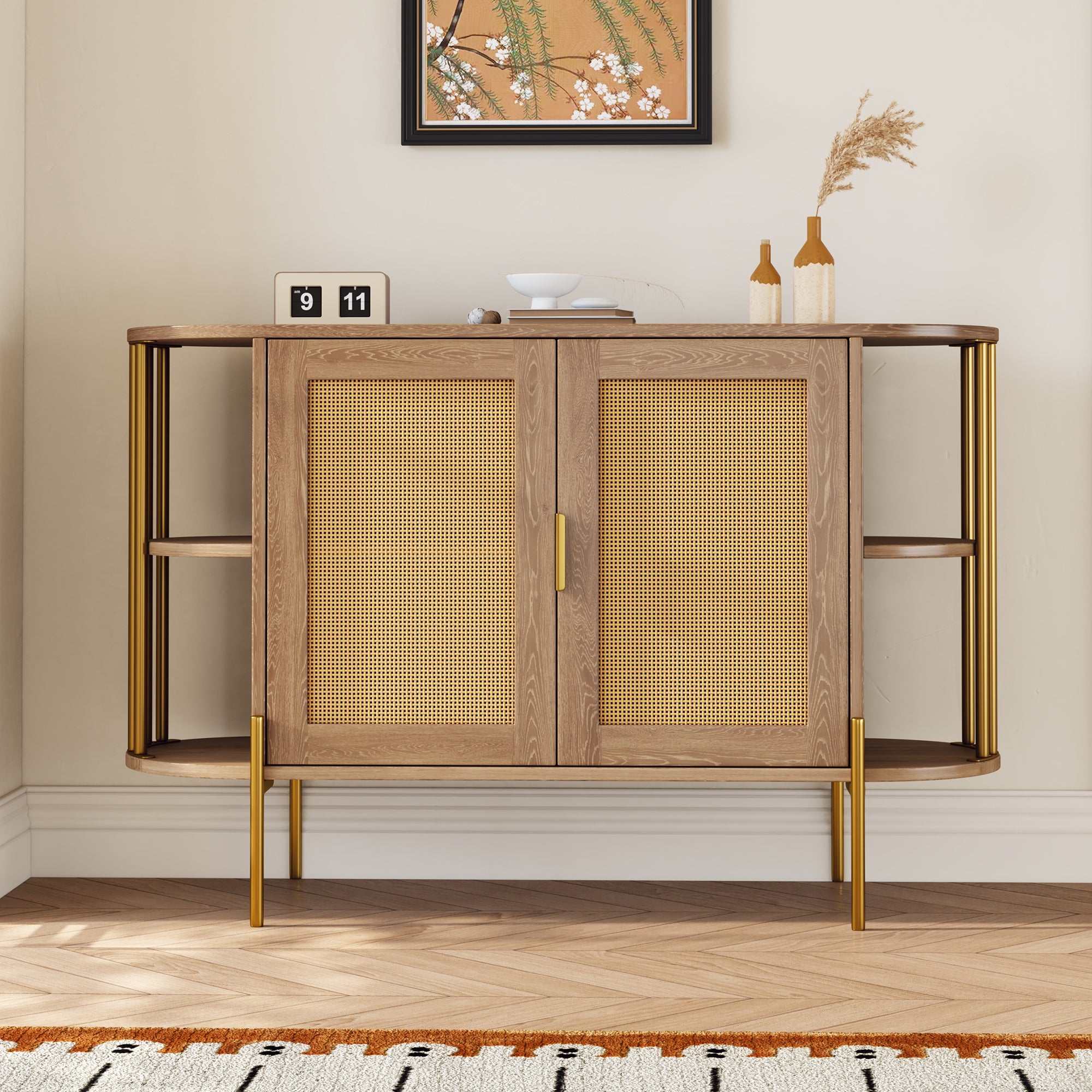 Elegant Curved 2-Door Dining Cabinet with Gold Trim and Woven Rattan Doors In Natural