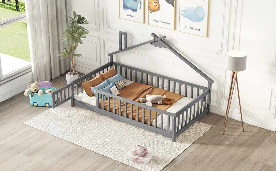 Twin House-Shaped Bedside Toddler Floor Bed with Guardrails and Door in Gray