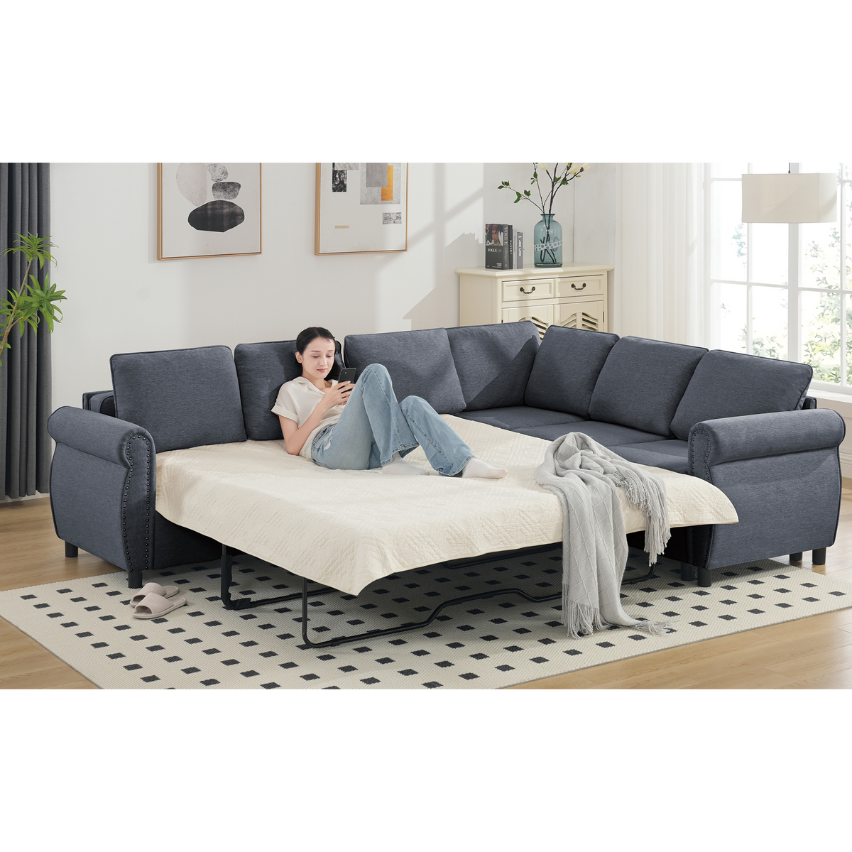 104&quot; L Shaped Sleeper Sofa 2 in 1 Pull Out Couch Bed In Gray