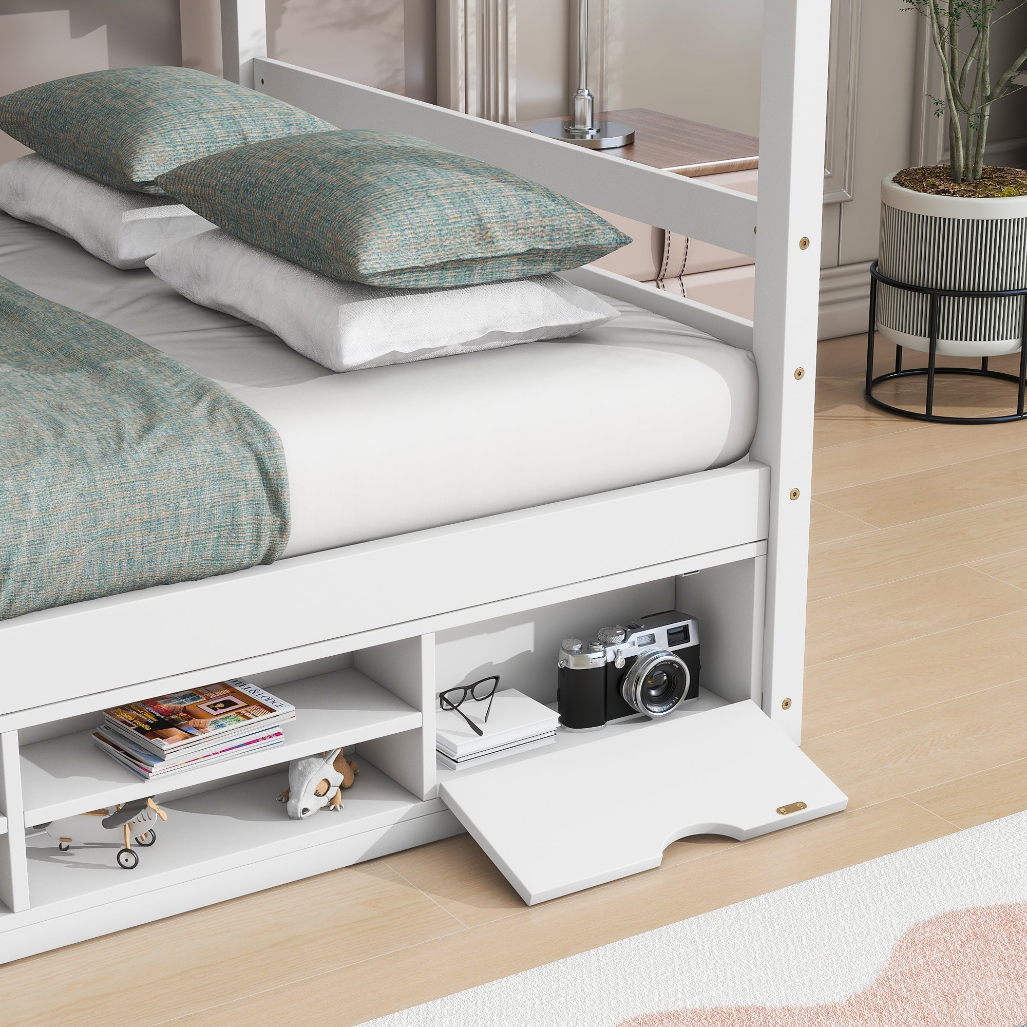 Full Sized Bed with Roof Frame, Bedside Shelves, and Under-Bed Storage Unit