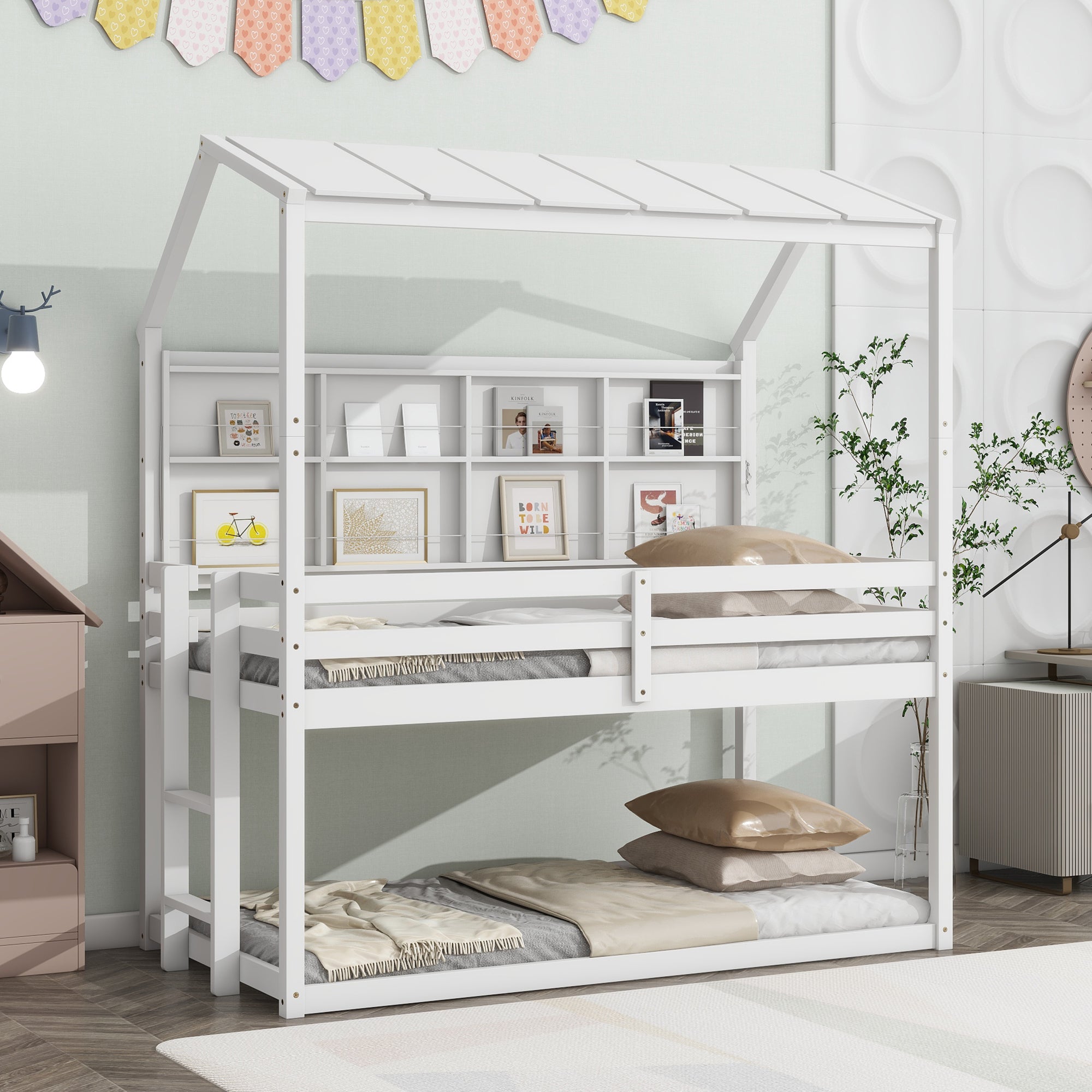 Twin House Loft Bed with Semi-Enclosed Roof and Built-in Bookshelves