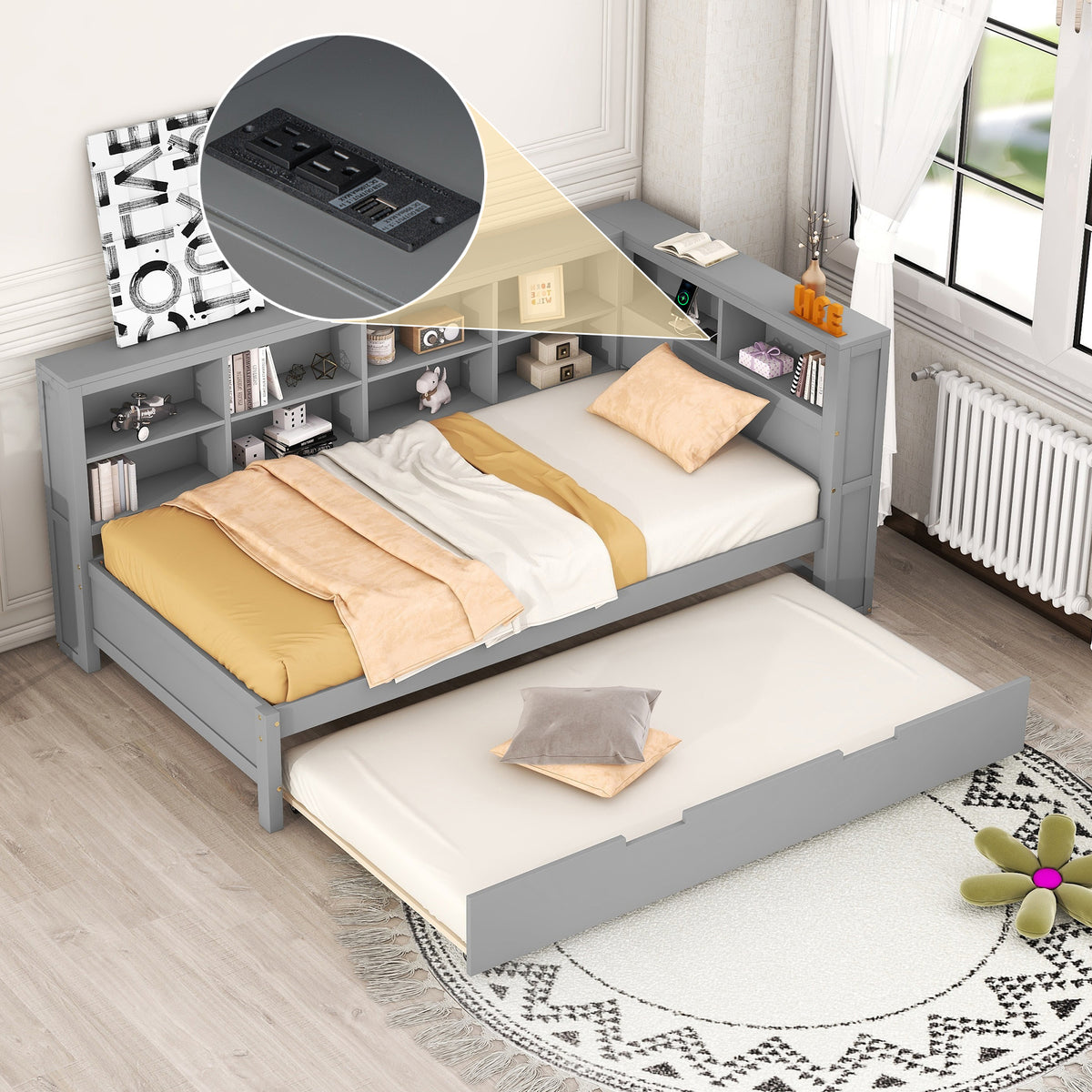 Wooden Twin Size DayBed with Trundle and USB Ports In Grey