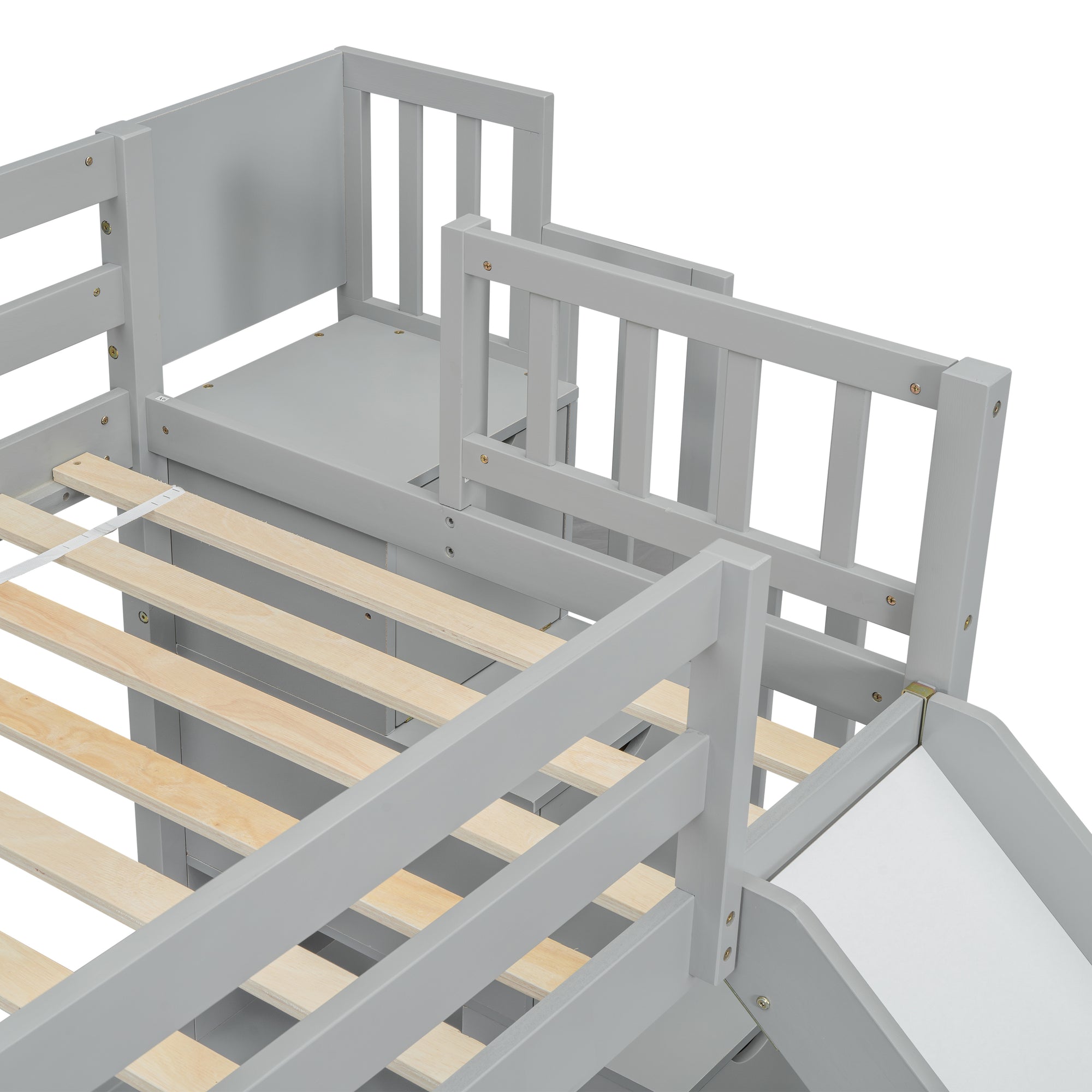 Twin Over Full Bunk Bed with Slide and Storage Staircase