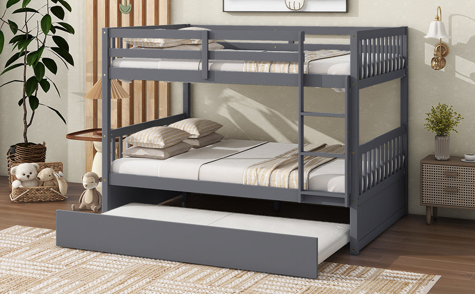 Dark Gray Full Over Full Rubber Wood Bunk Bed with Trundle, Ladder, and Guardrails