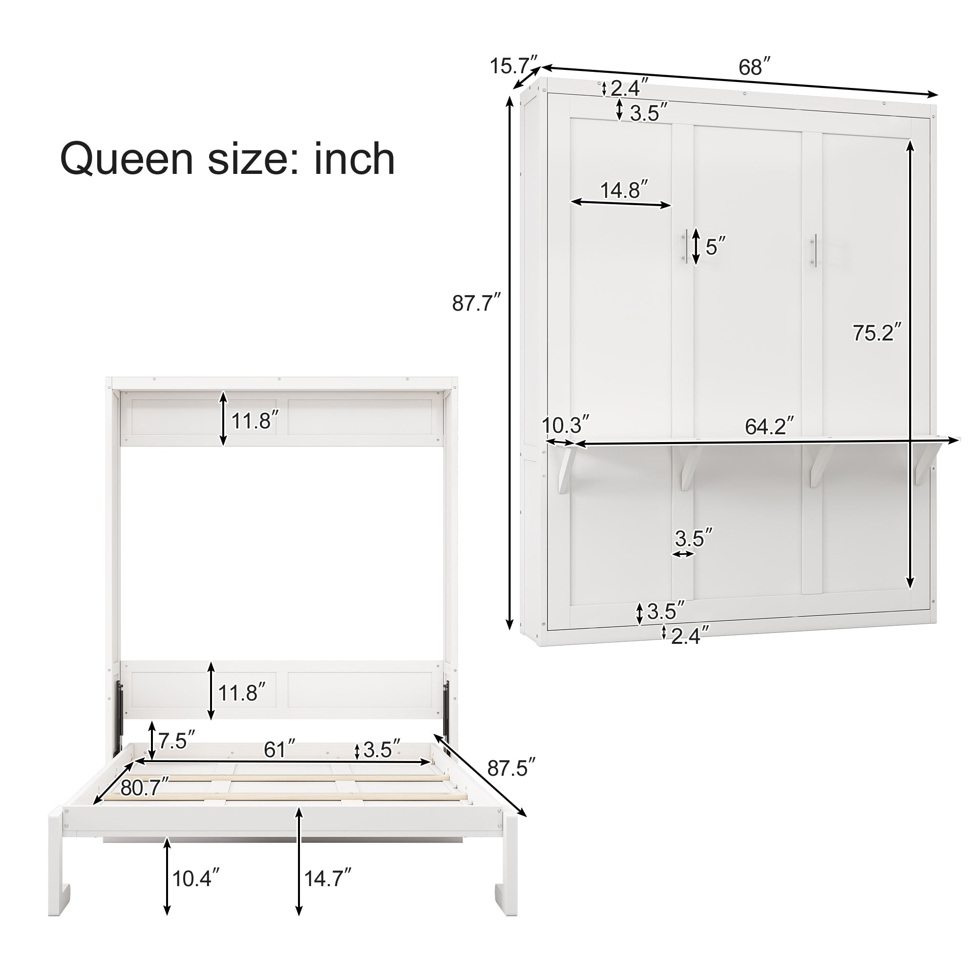 White Queen Size Murphy Bed with Cabinet, Desk, and Side Cabinet