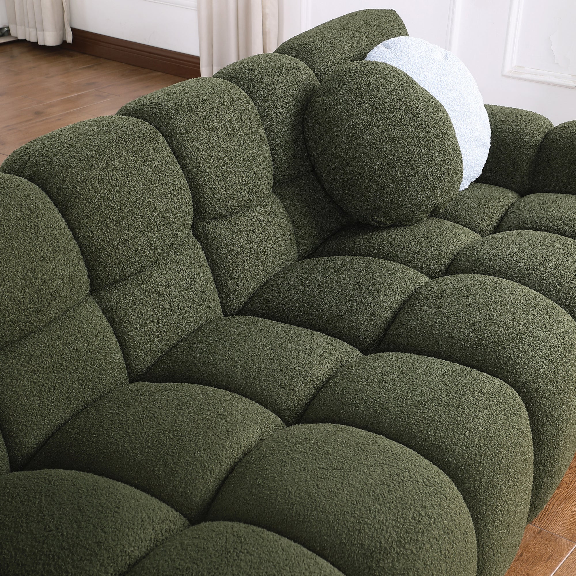 Olive Green Boucle 3-Seater Marshmallow Sofa with Rolled Arms & Plush Cushions