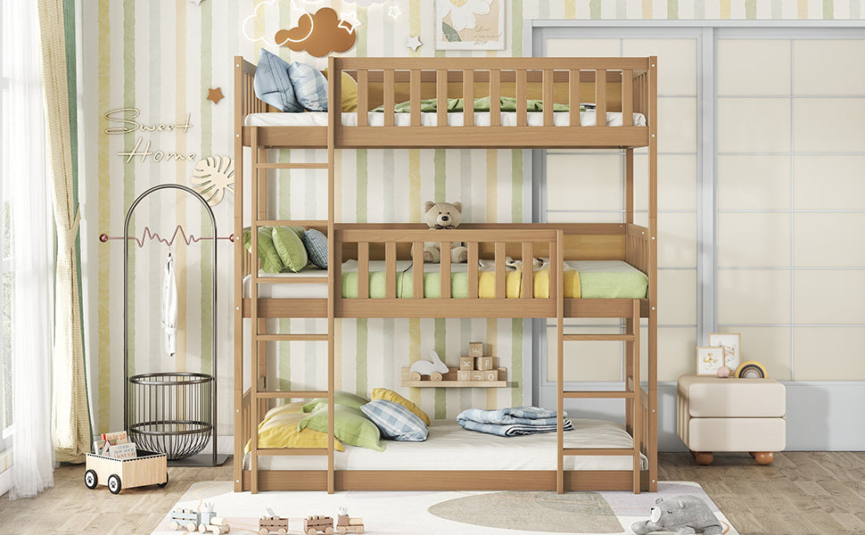 Twin Size Triple Rubber Wood Detachable Bunk Bed in White Oak