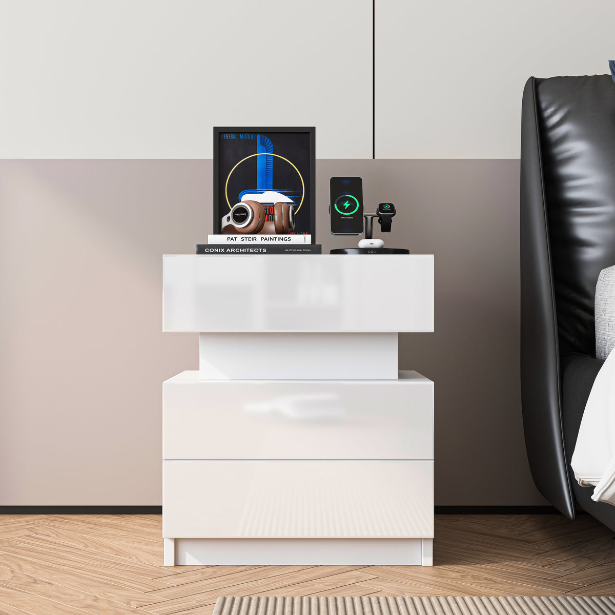 New LED Nightstand Modern White Bedside Table with 2 High Gloss Drawers and Remote Control LED Lights In White