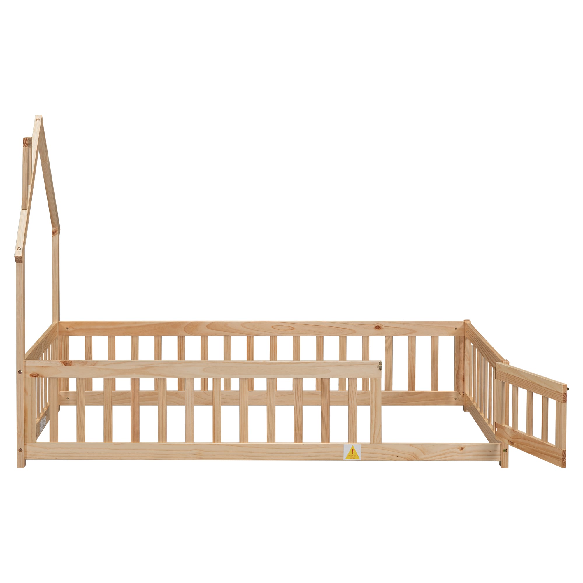 Natural Twin House-Shaped Headboard Toddler Floor Bed with Fence