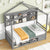 Gray Twin House Bed with Roof Frame, Bedside Shelves & Under-Bed Storage Unit