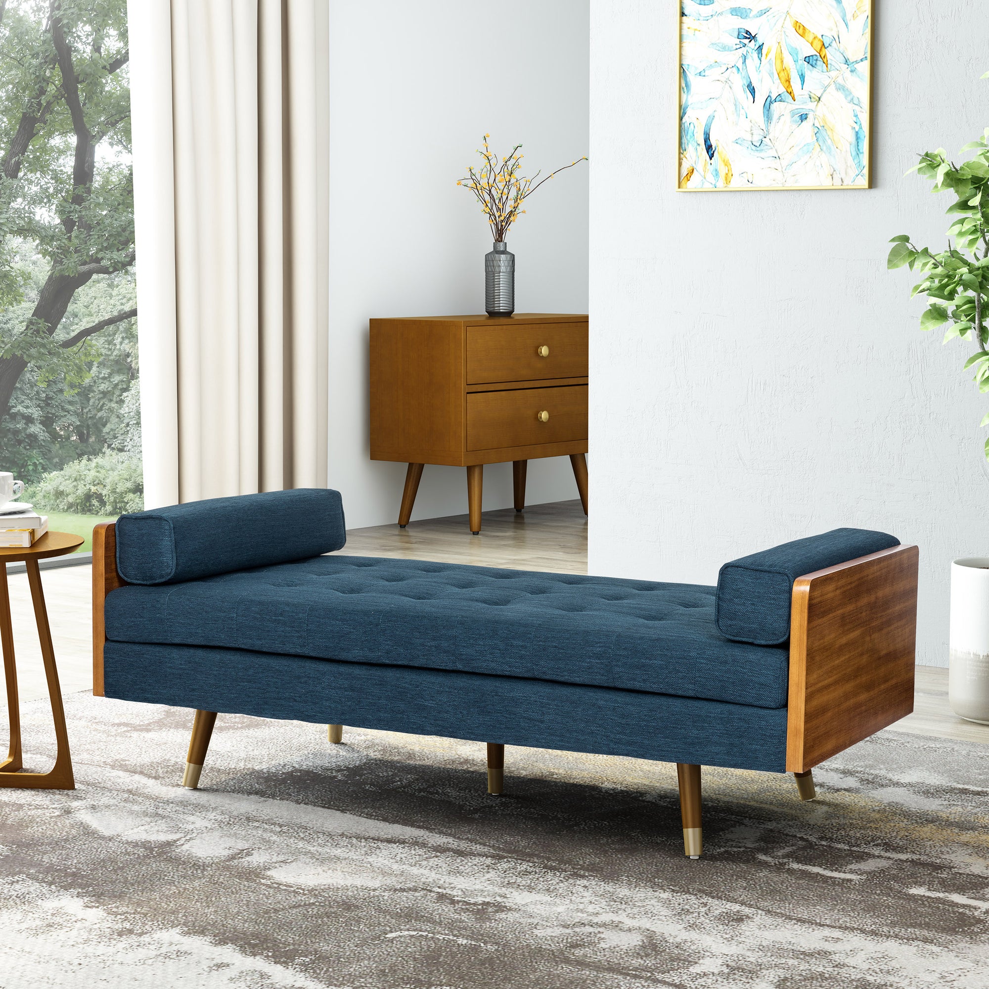 Navy Blue Mid-Century Modern Chaise Lounge with Button-Tufted Waffle Stitch