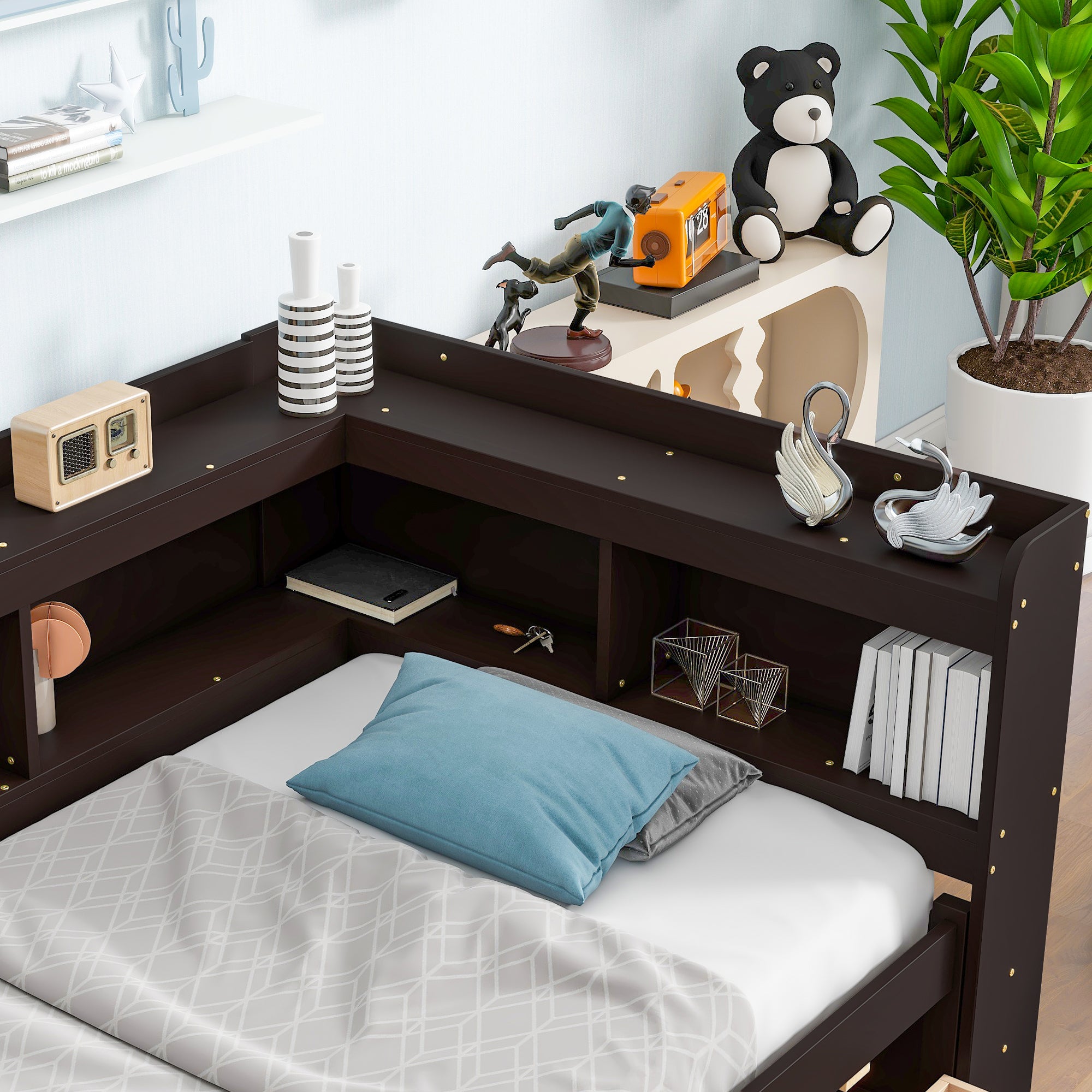 Espresso Tone Twin Bed with L-Shaped Bookcases and Storage Drawers