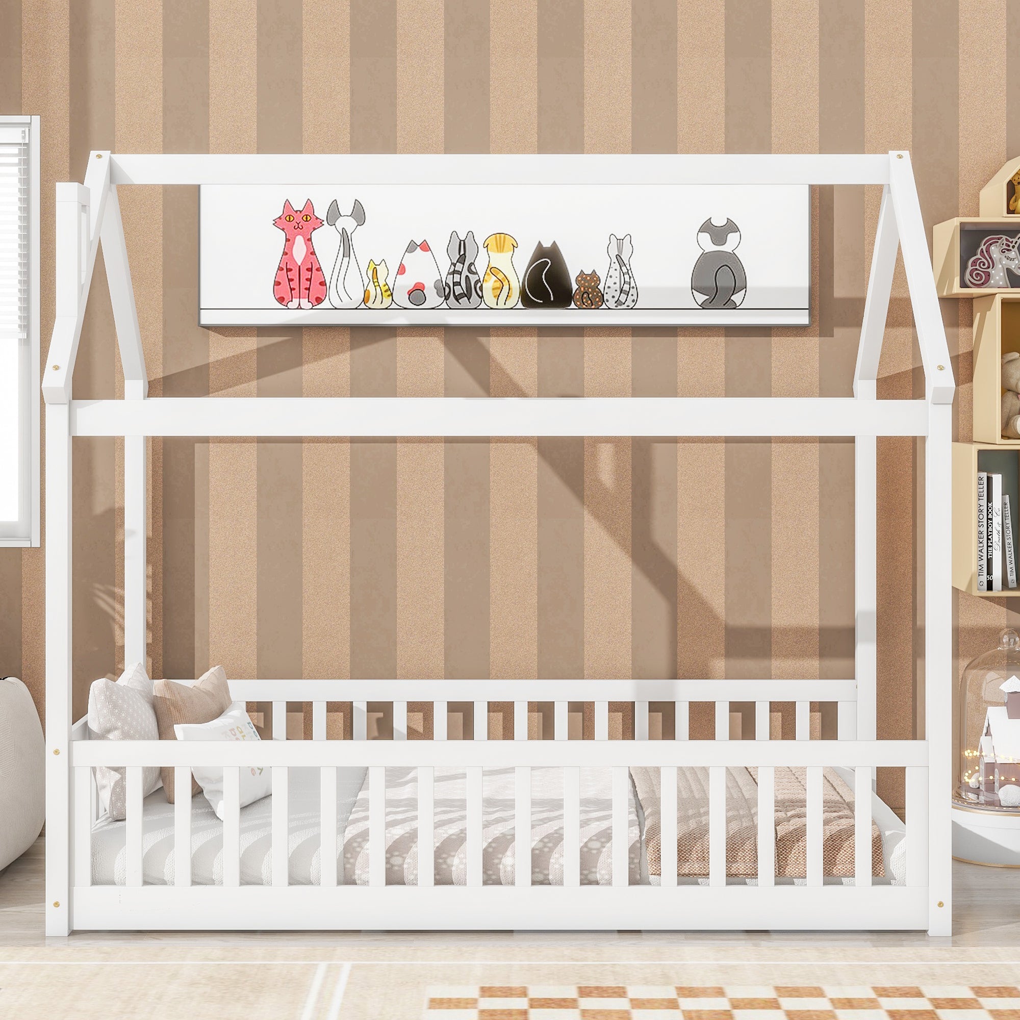 White Twin House Toddler Floor Bed with Guardrails and Slats