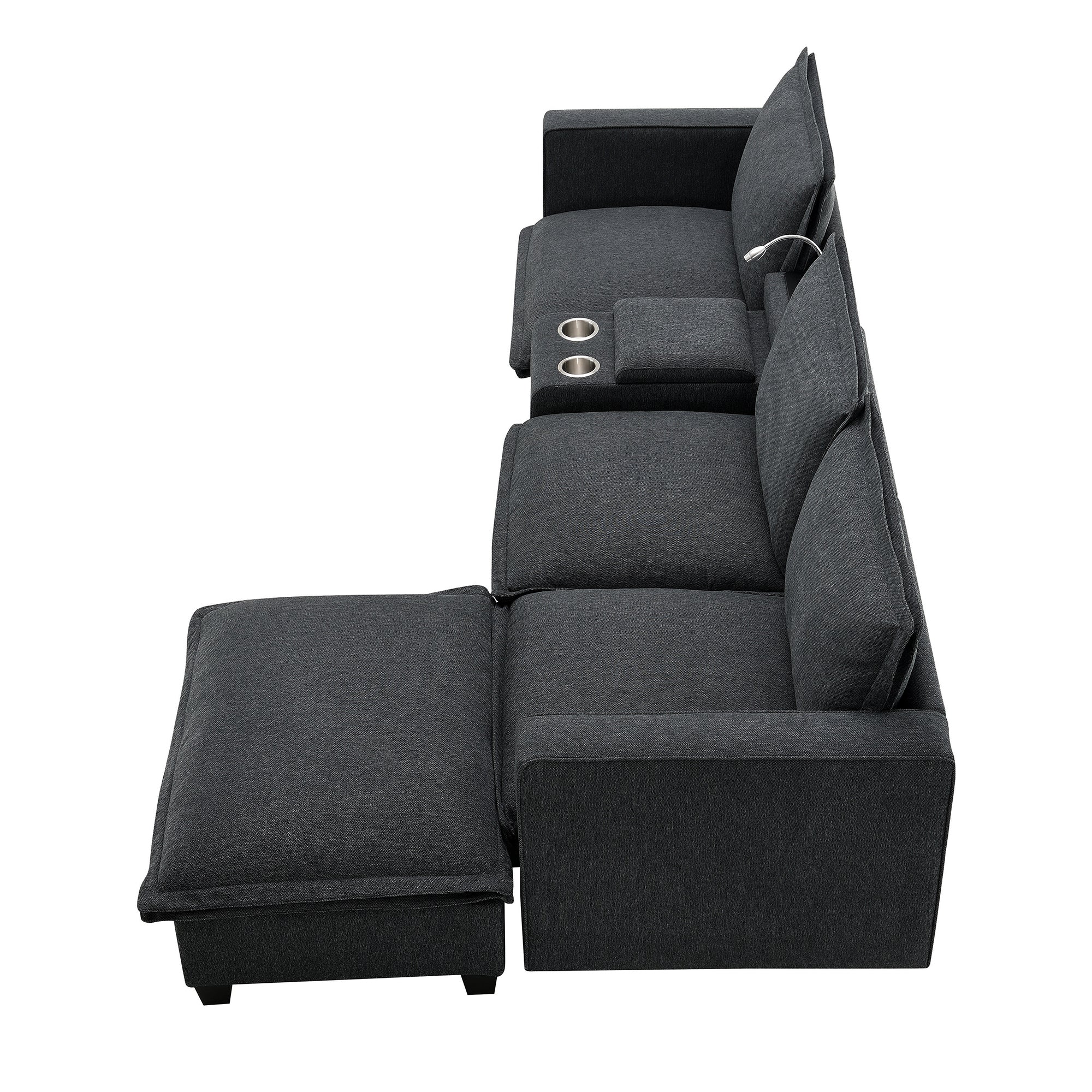 4-Seater Modular Chenille Sofa with Reading Lights & Storage in Dark Gray