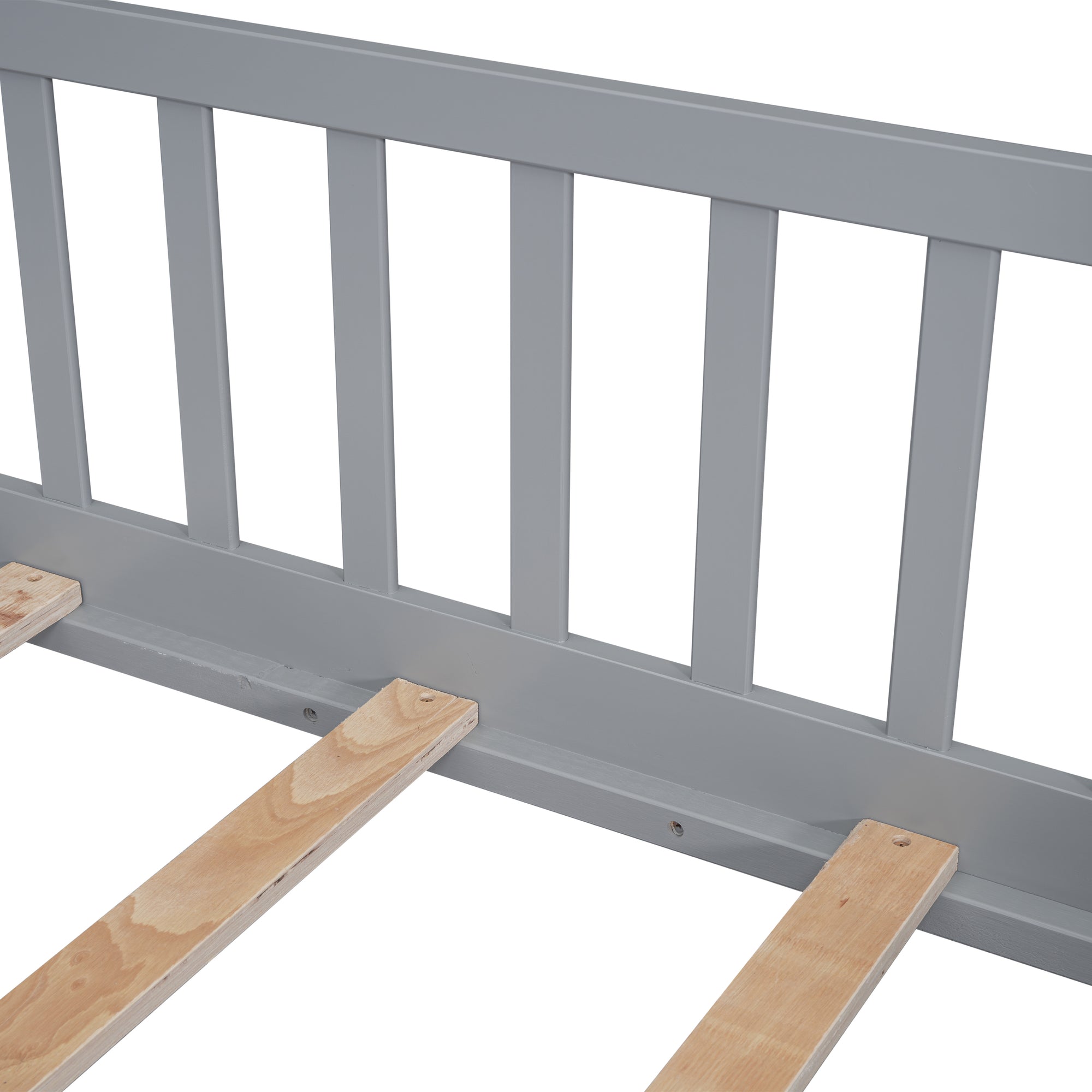 Twin House-Shaped Bedside Toddler Floor Bed with Guardrails and Door in Gray