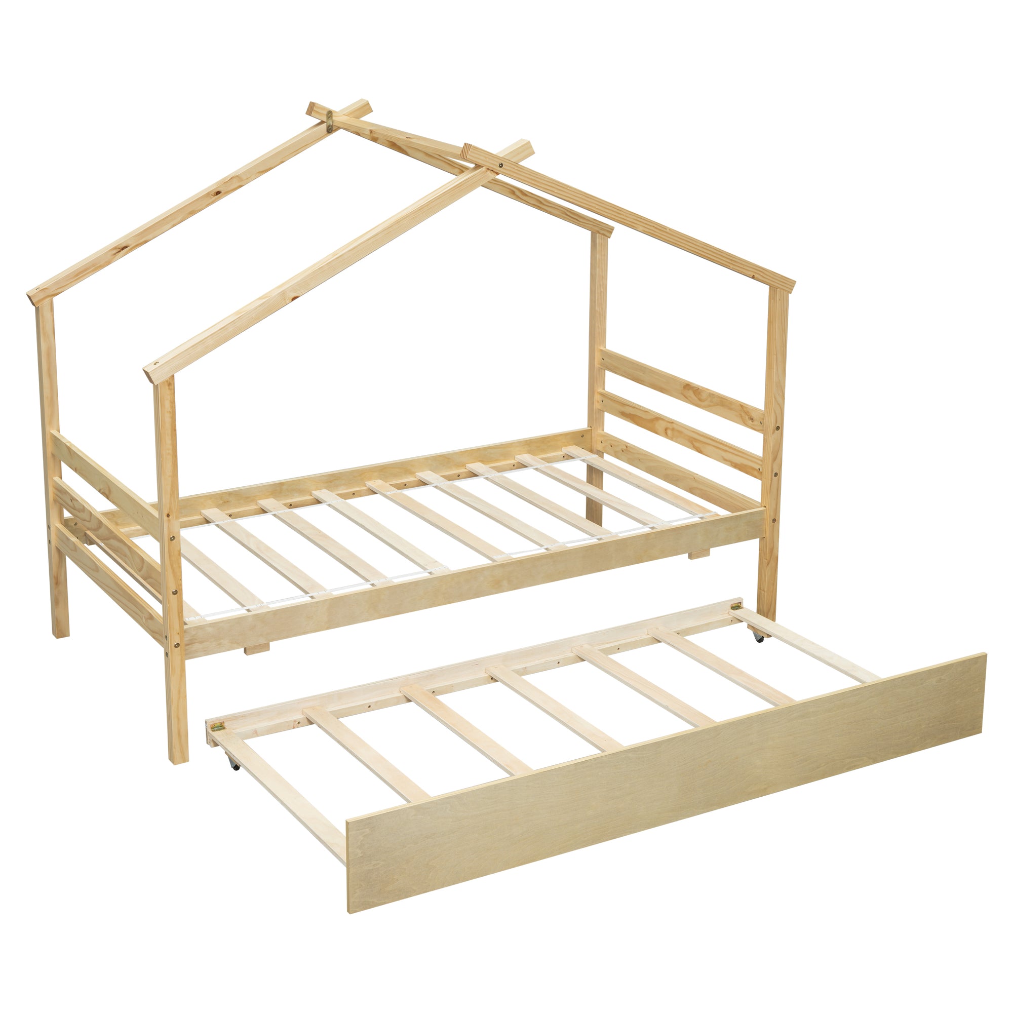 Natural Finish Twin House-Shaped Bed with Trundle